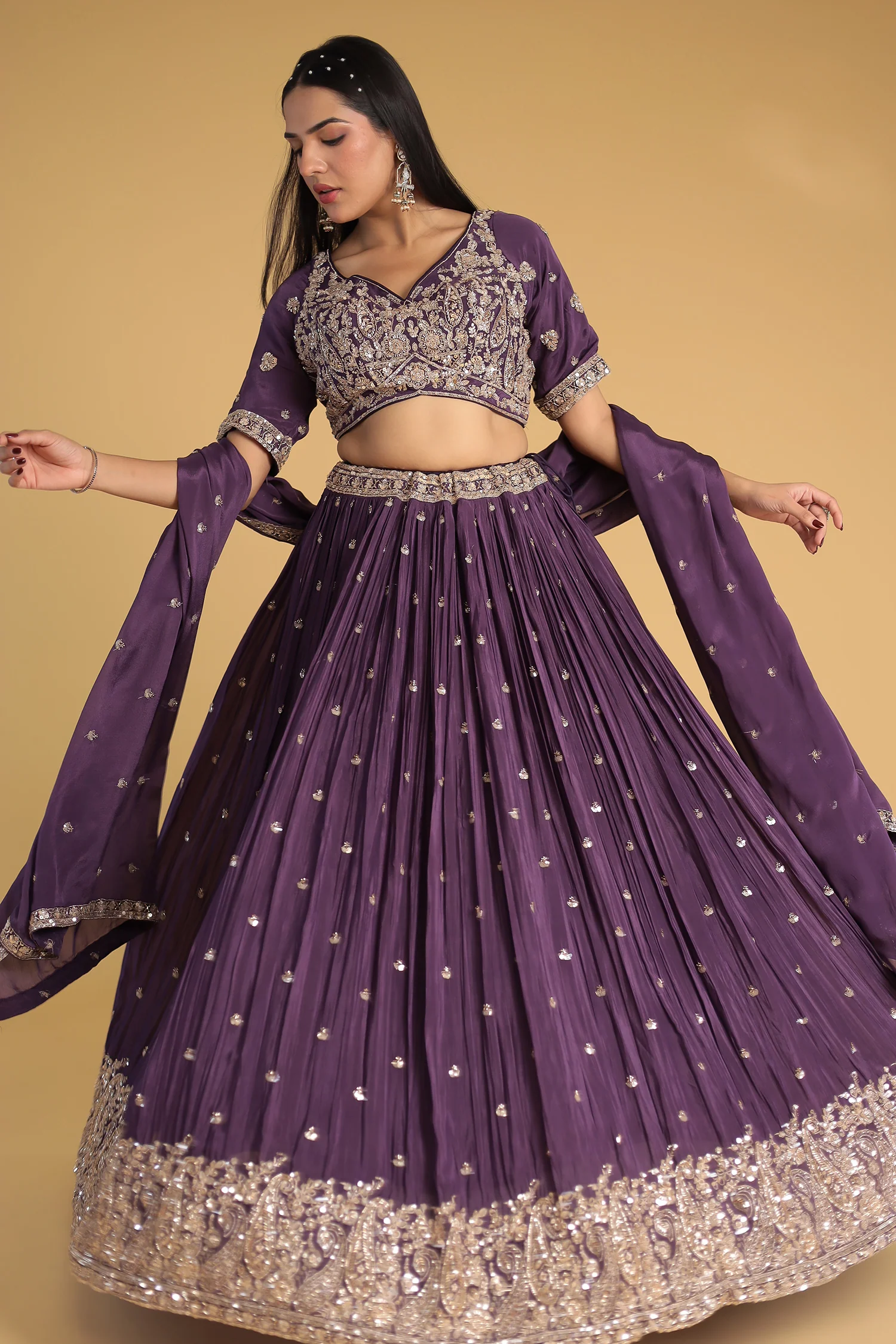 Chinon Silk Lehenga Detailed with Sequins and Thread work - Image 3
