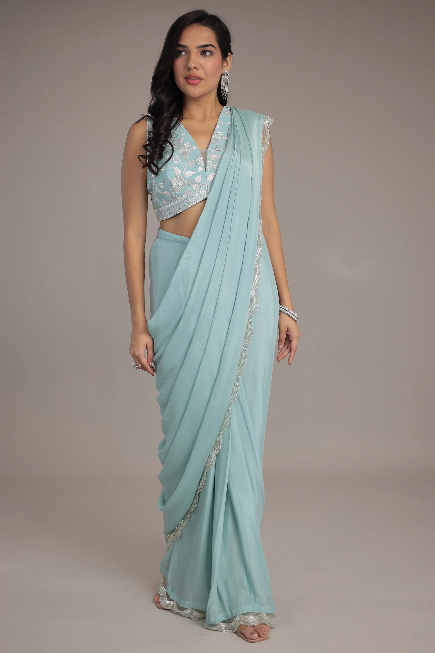 Chinon Silk Drape Saree Stitched with Sequins and Thread work
