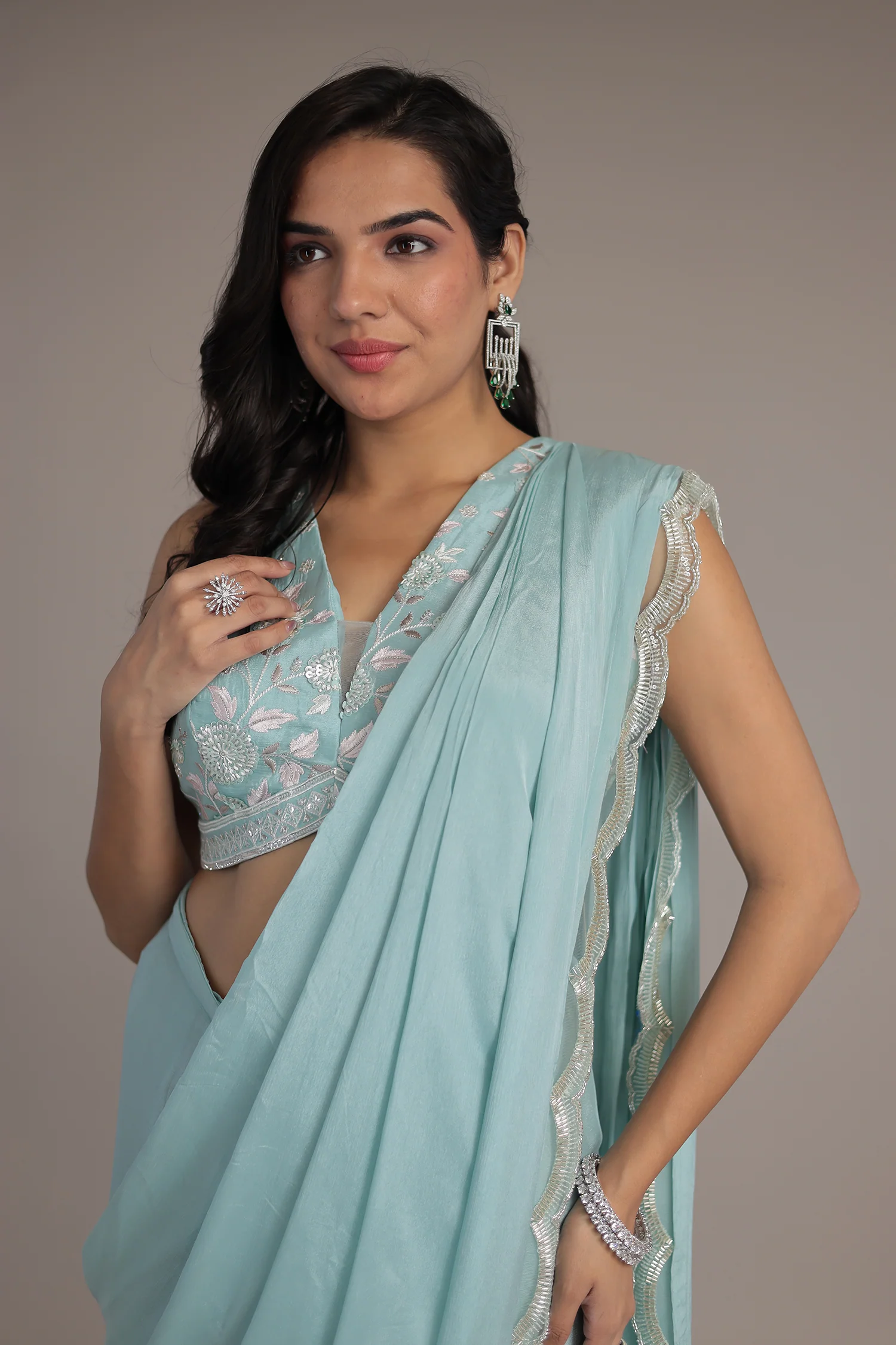 Chinon Silk Drape Saree Stitched with Sequins and Thread work - Image 2