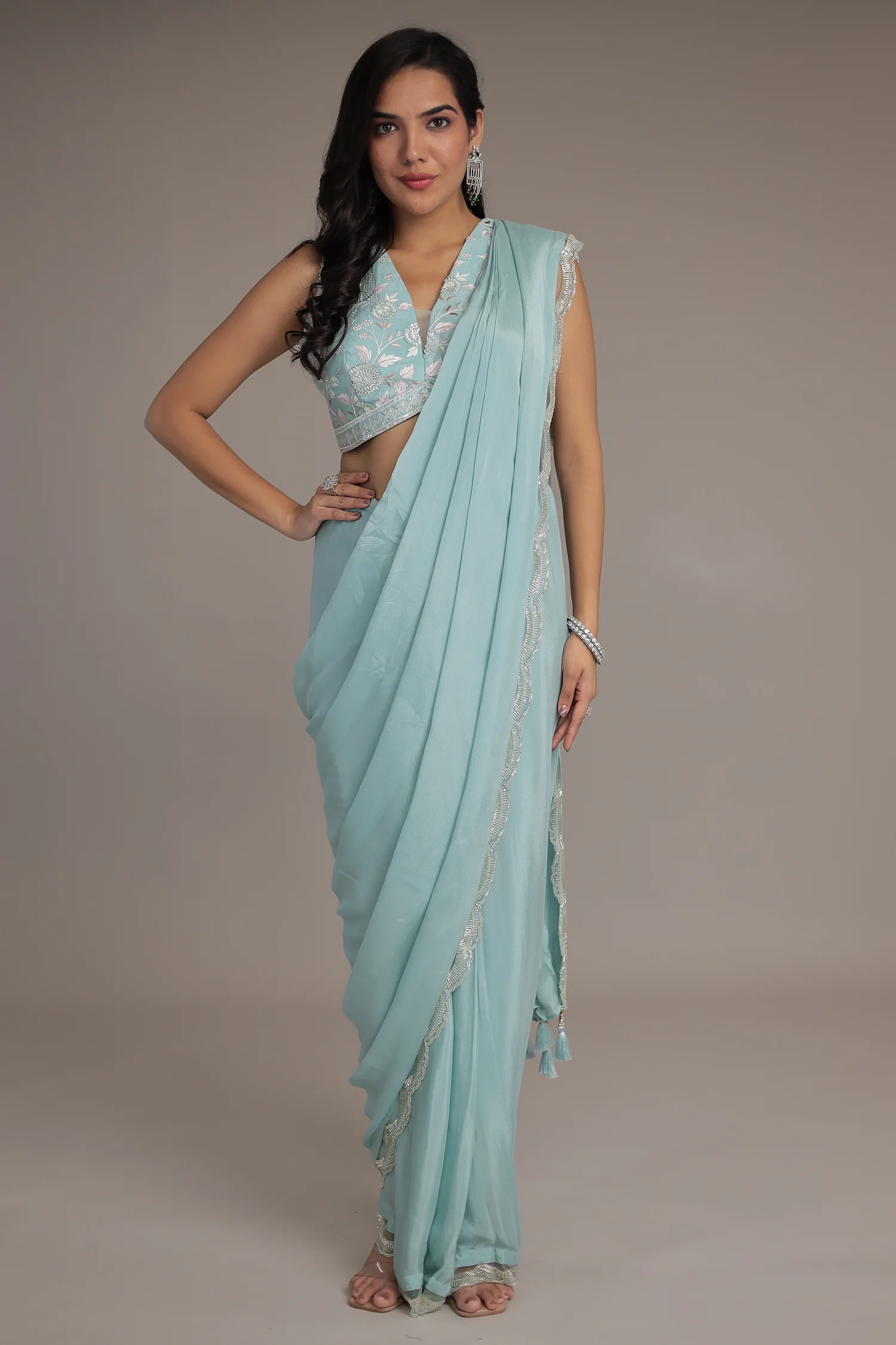 Chinon Silk Drape Saree Stitched with Sequins and Thread work - Image 3