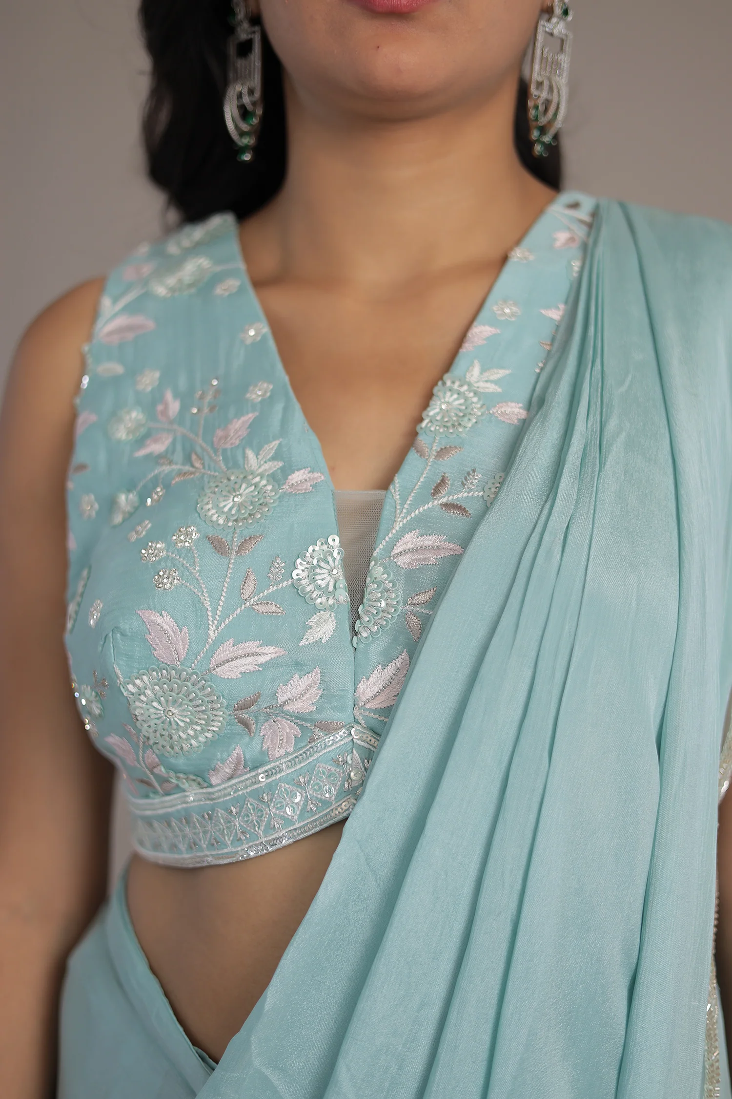 Chinon Silk Drape Saree Stitched with Sequins and Thread work - Image 4