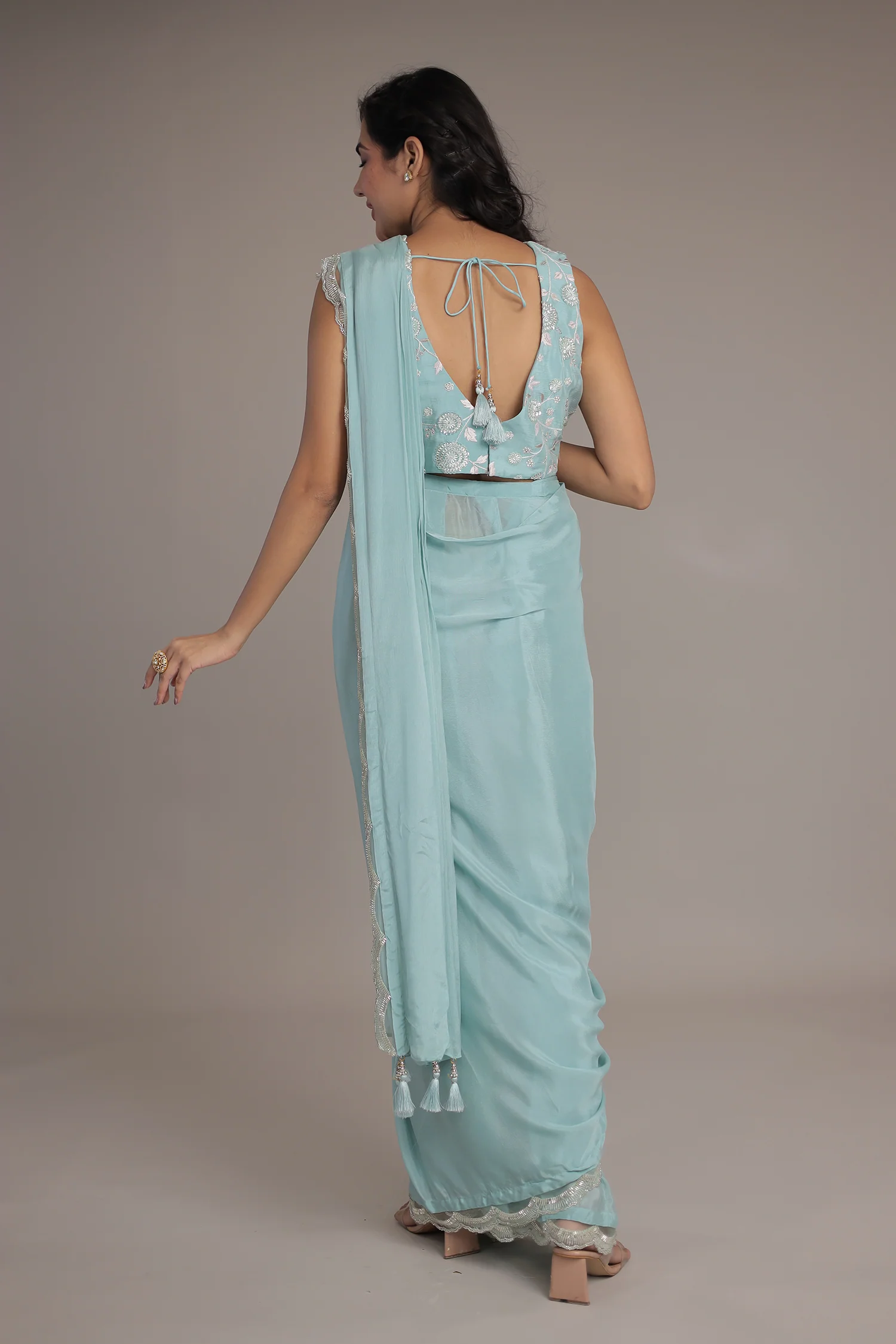 Chinon Silk Drape Saree Stitched with Sequins and Thread work - Image 6