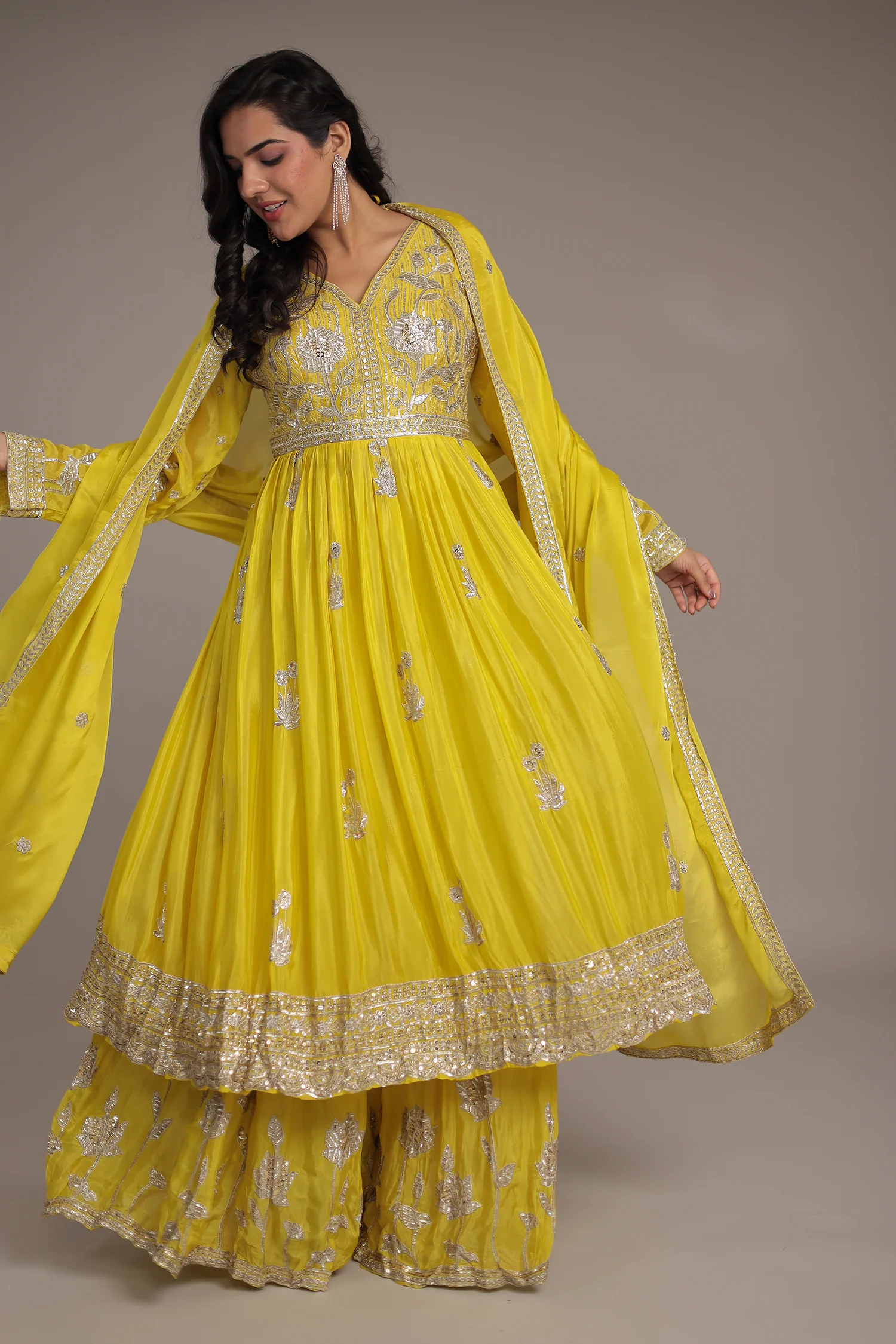 Chinon Sharara Silk Suit Embellished with Aari, Sequins work - Image 5