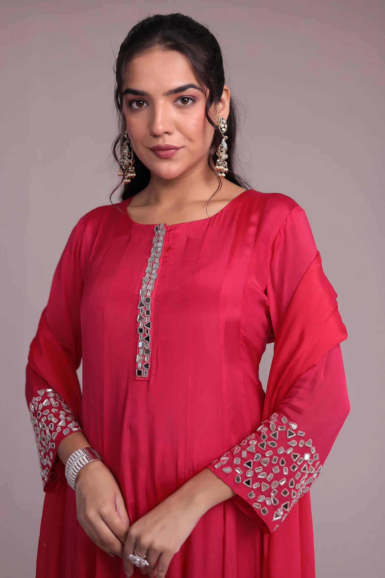 Anarkali Chinon Silk Suit Embellished with Mirror work - Image 2