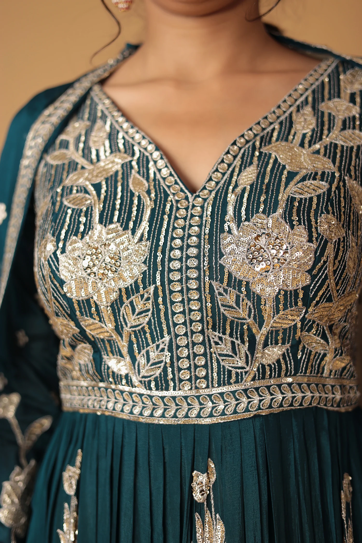 Chinon Sharara Silk Suit Embellished with Aari, Sequins work - Image 4