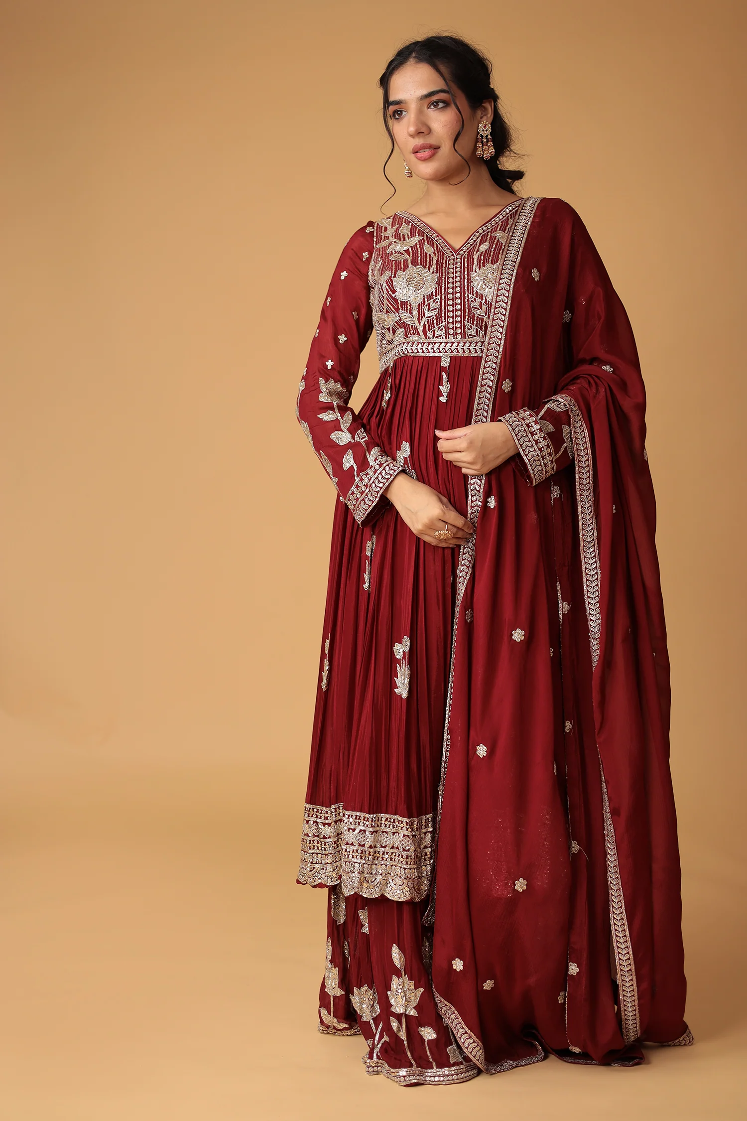 Chinon Sharara Silk Suit Embellished with Aari, Sequins work - Image 19