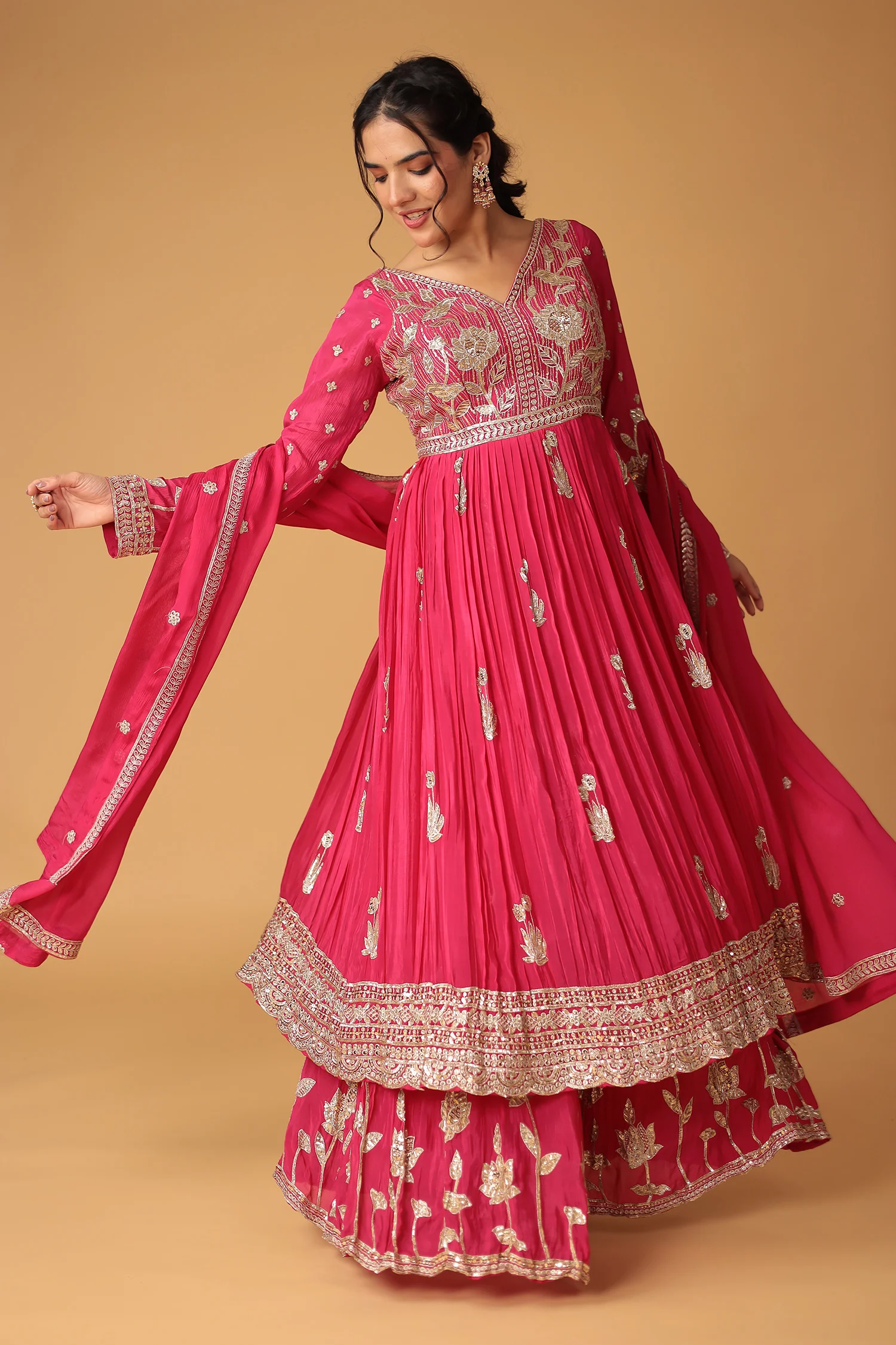 Chinon Sharara Silk Suit Embellished with Aari, Sequins work - Image 3