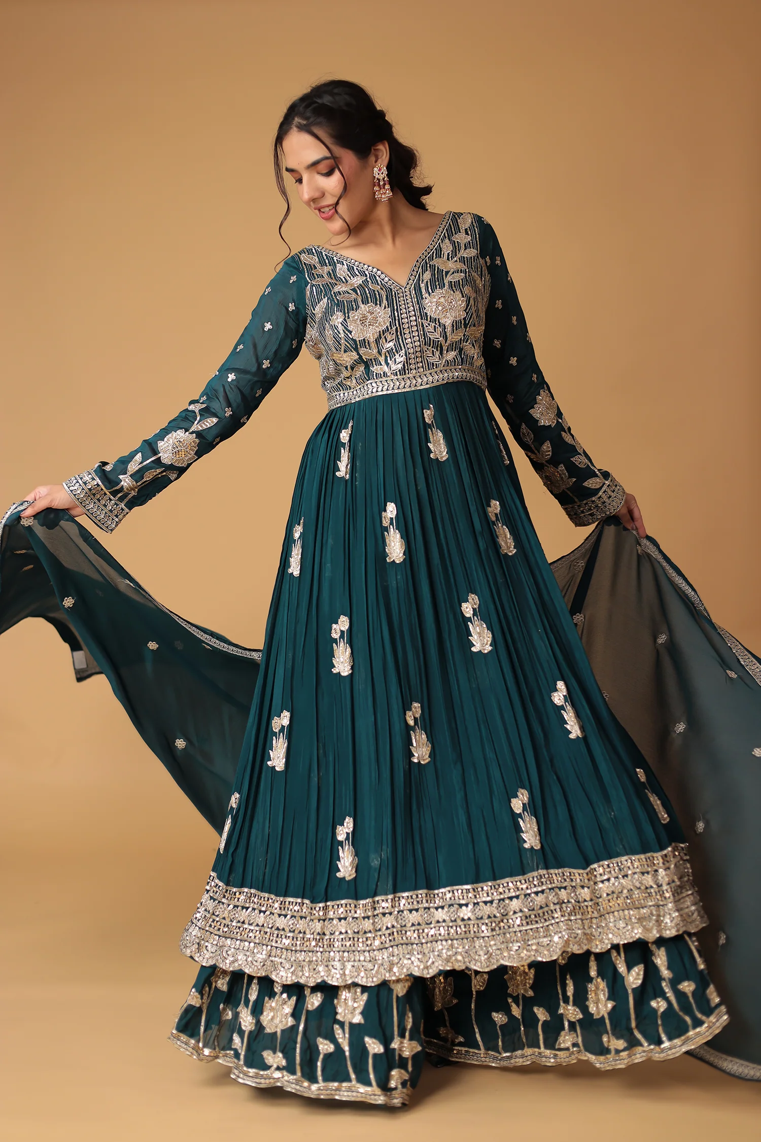 Chinon Sharara Silk Suit Embellished with Aari, Sequins work - Image 17