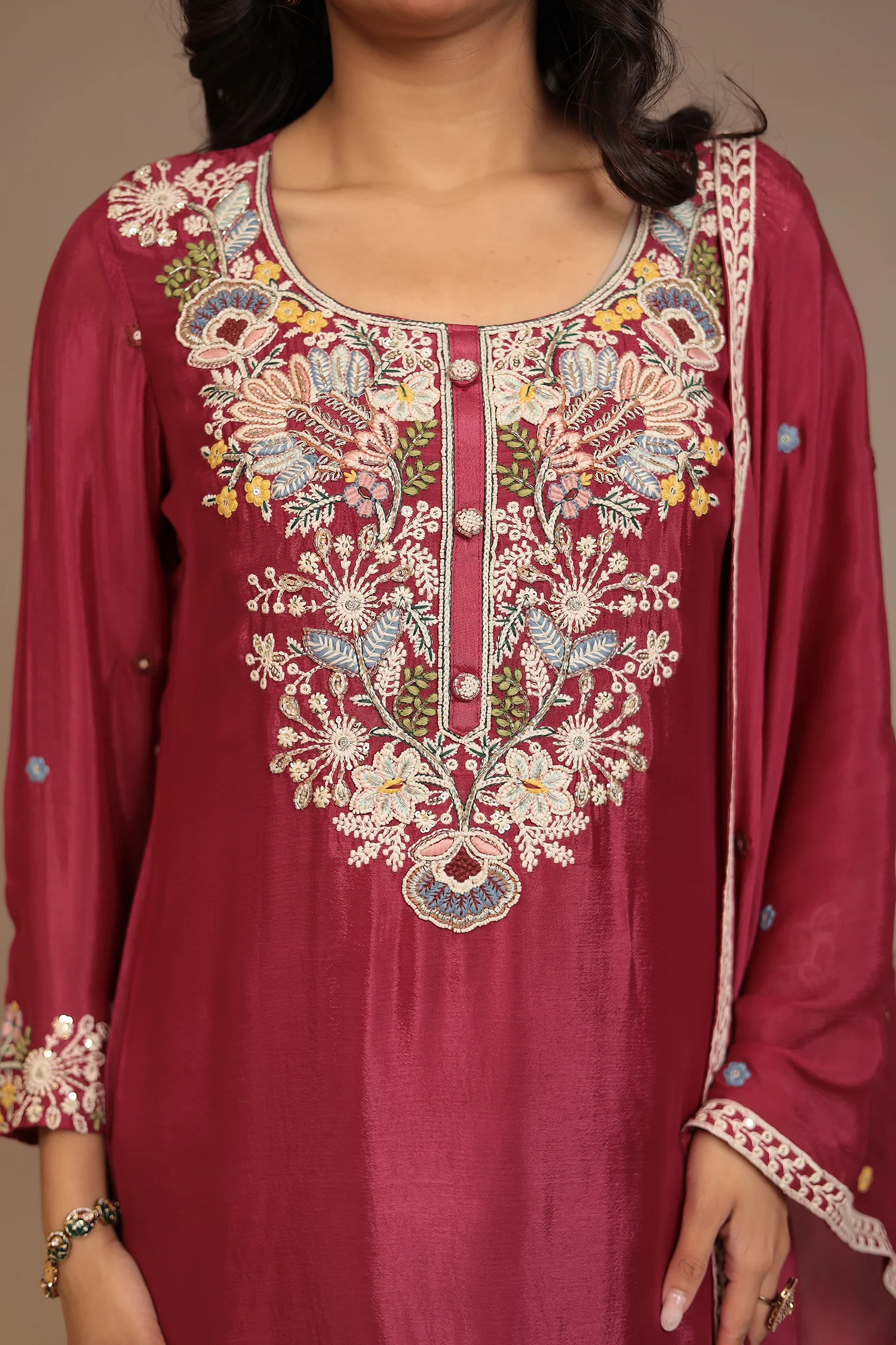 Chinon Suit with Aari, Cutdana, Pearl, Thread work. - Image 10