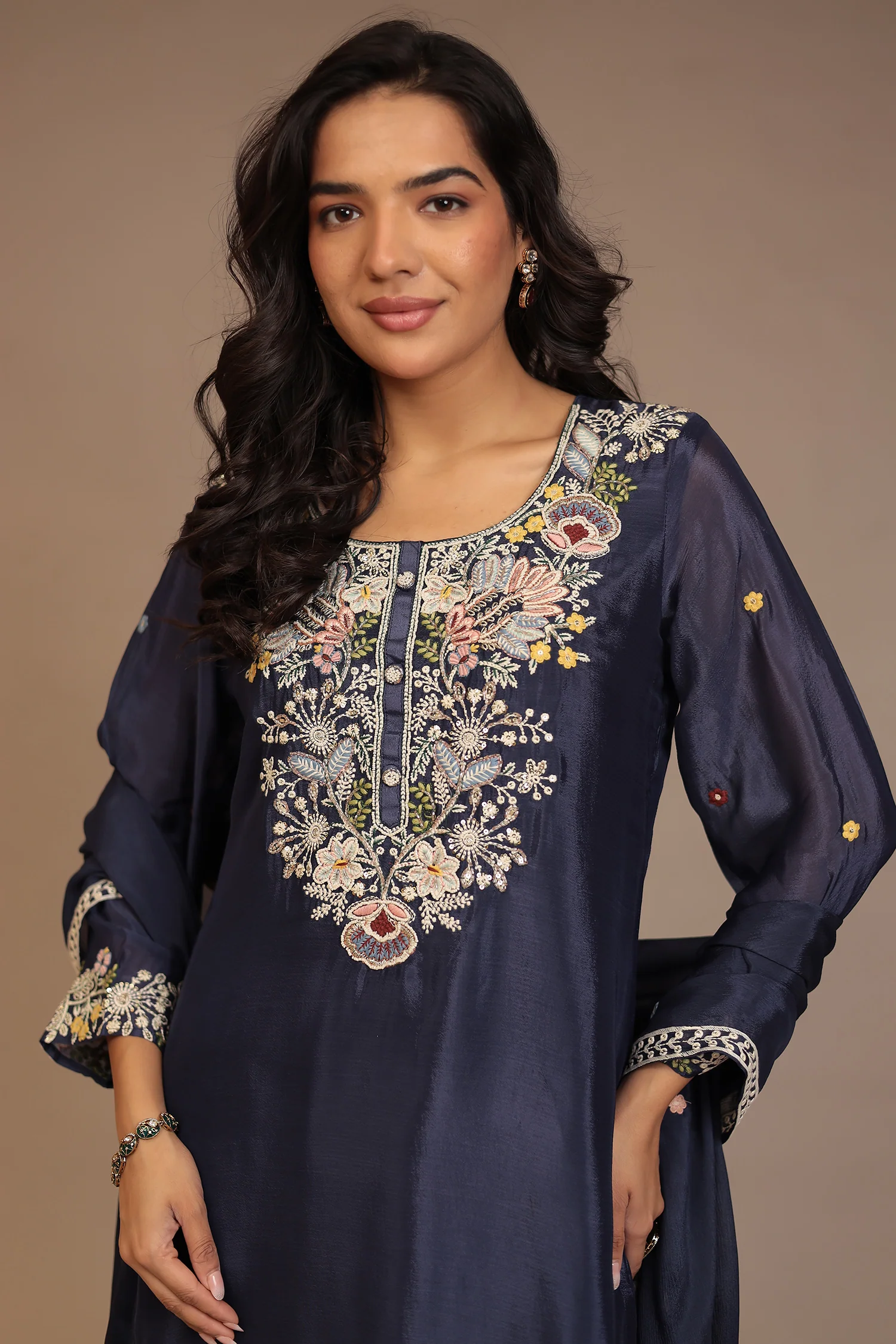 Chinon Suit with Aari, Cutdana, Pearl, Thread work. - Image 2