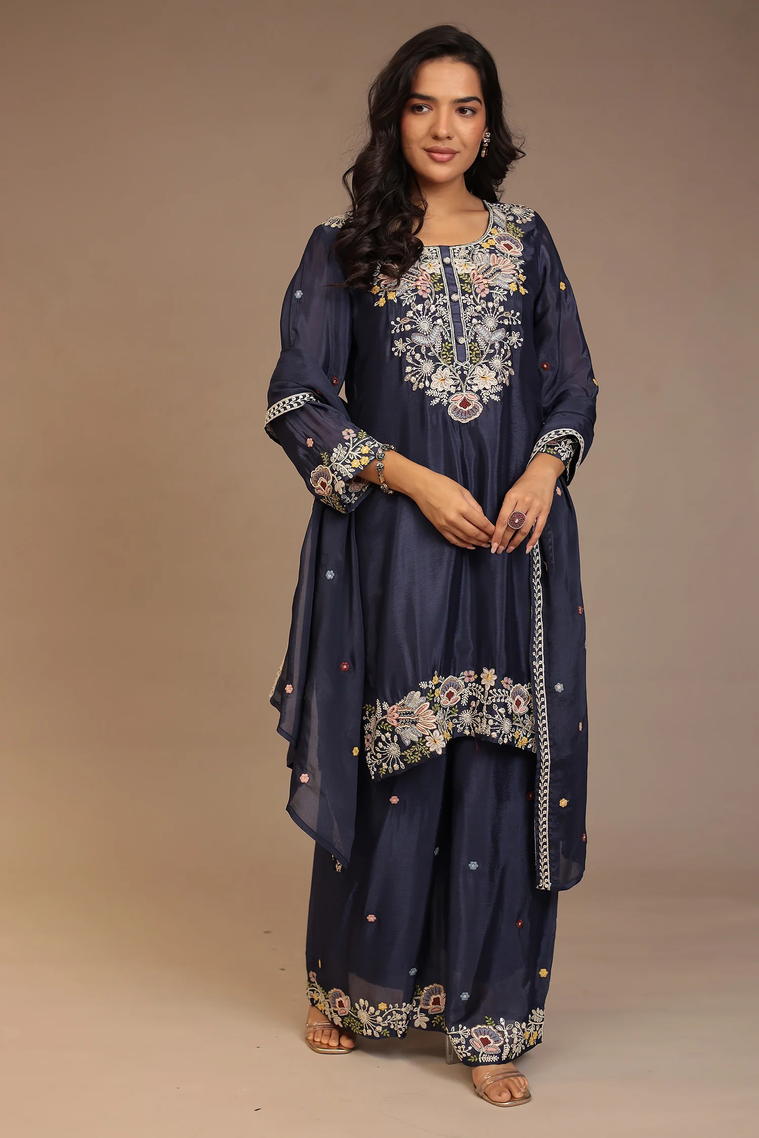 Chinon Suit with Aari, Cutdana, Pearl, Thread work. - Image 3