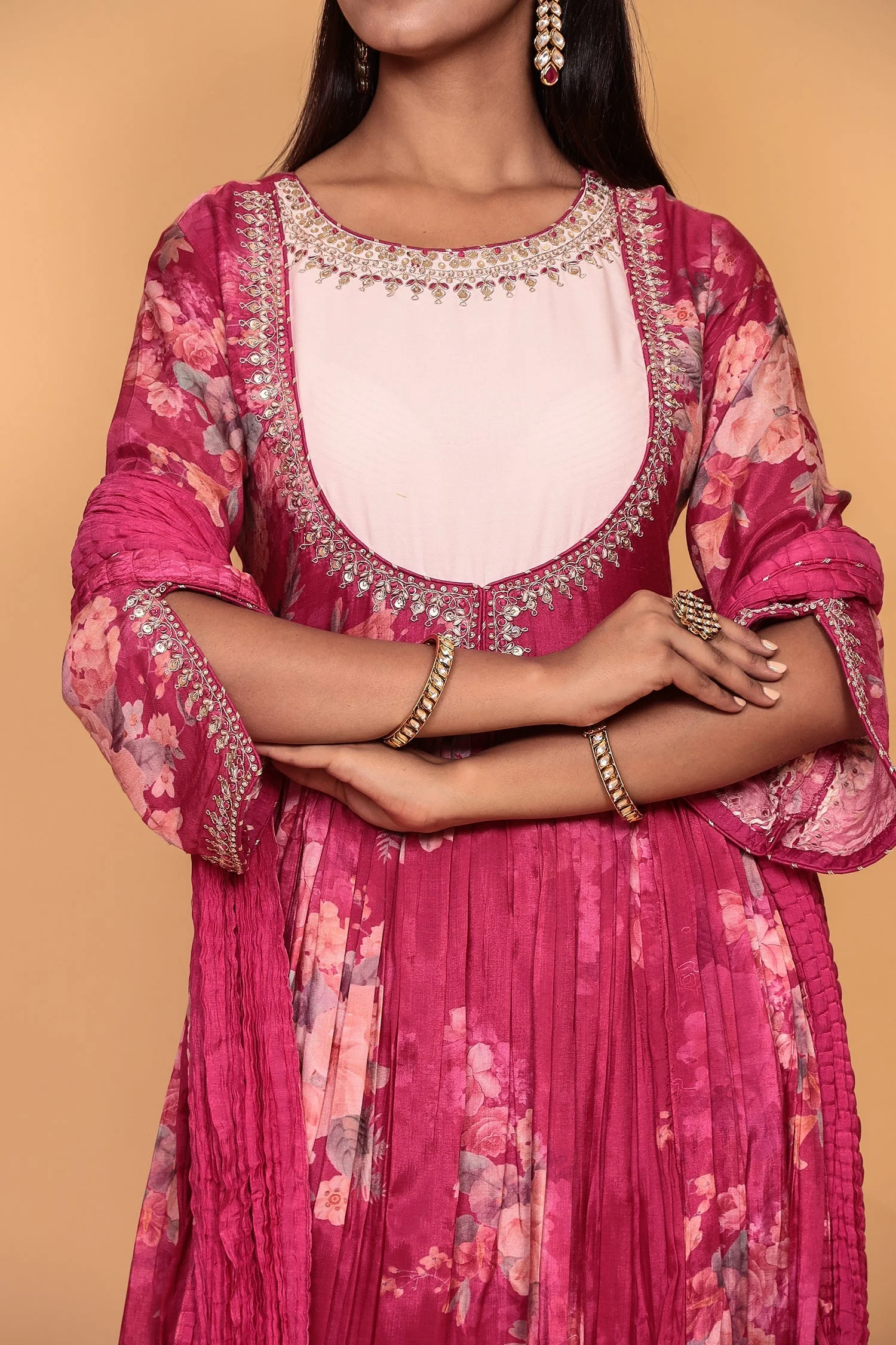 Printed Flared Anarkali Cotton silk Suit with Thread work. - Image 6