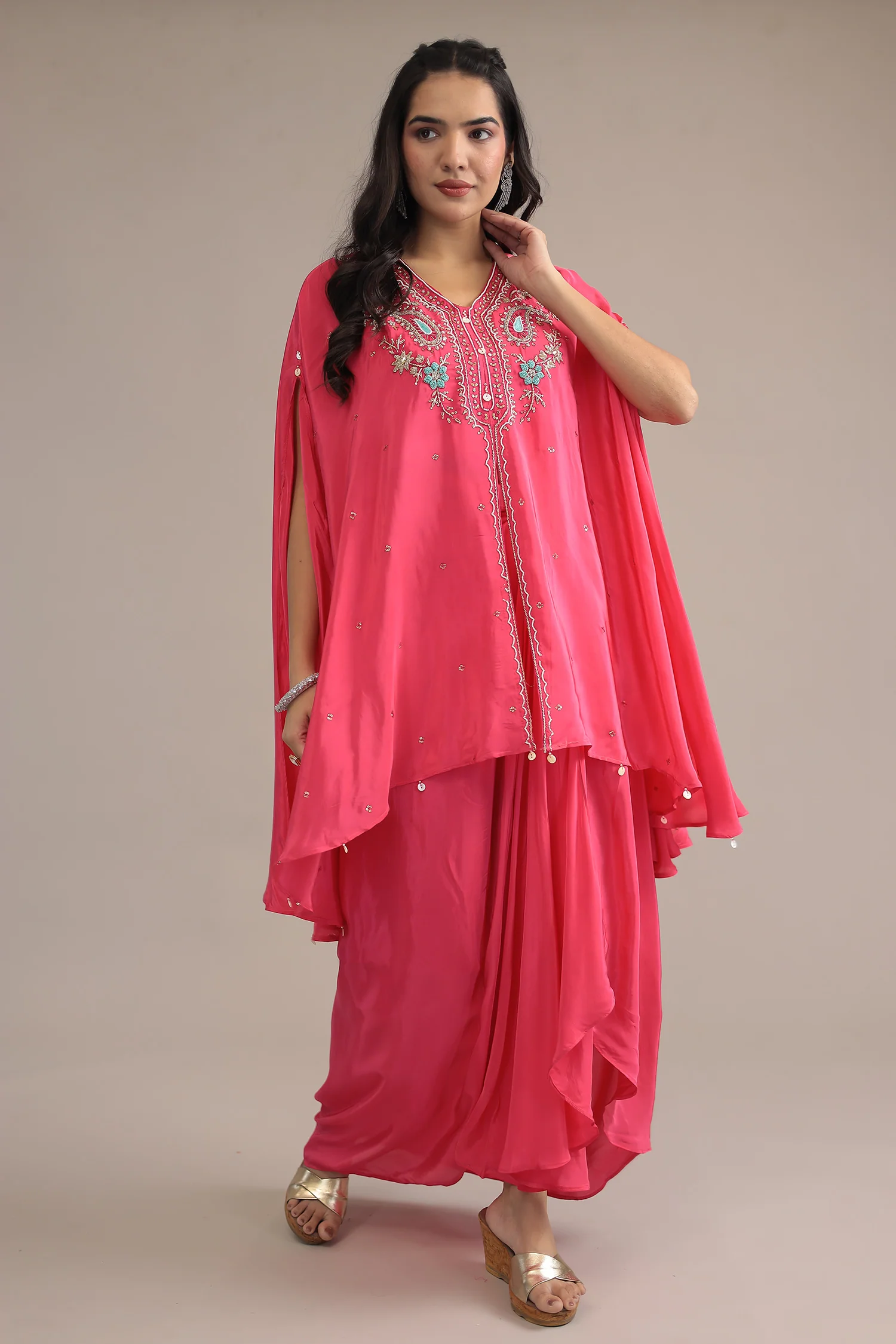 Pink Crepe silk Indowestern with Pearl, Thread and Zardozi work