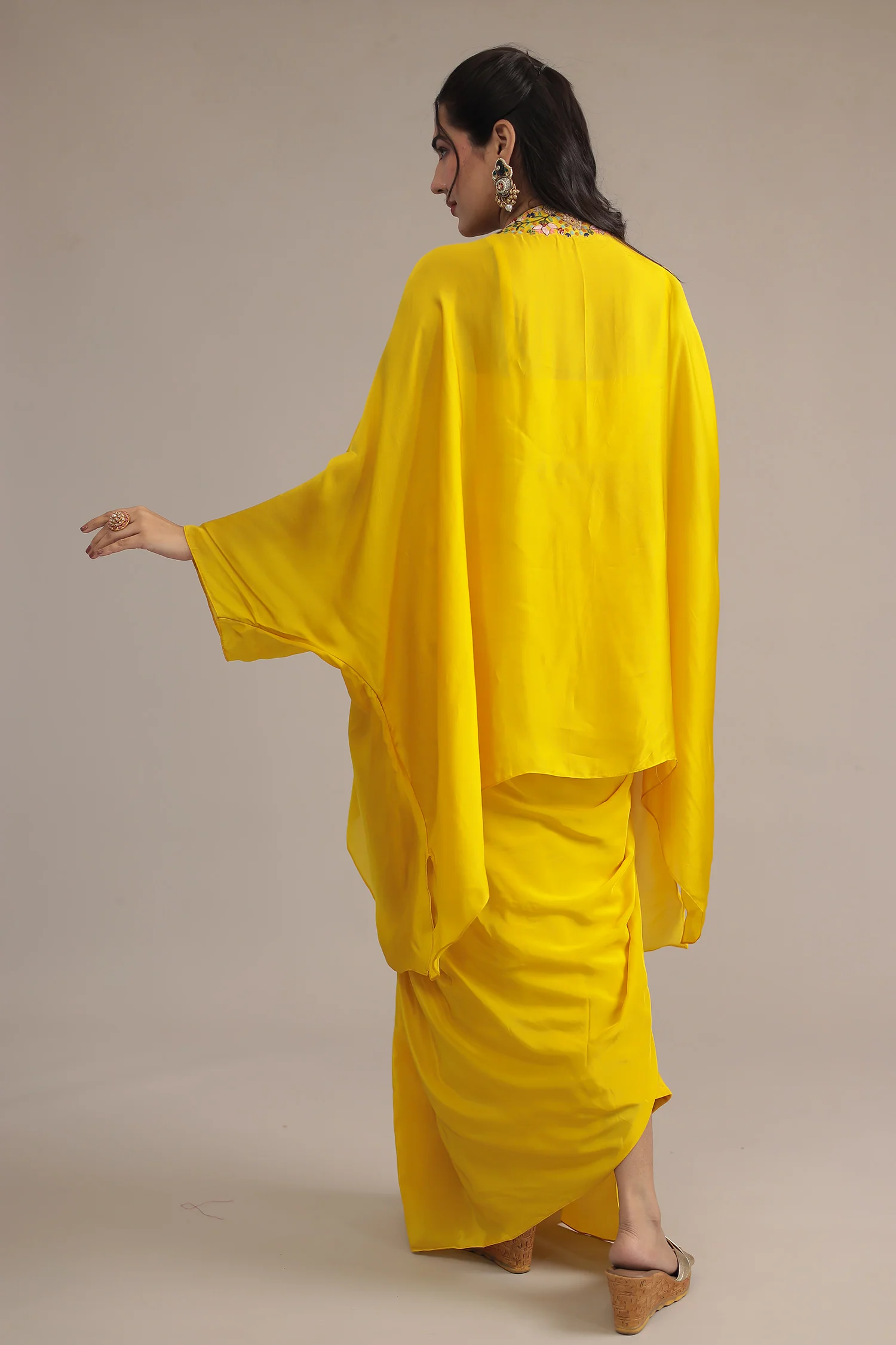 Yellow Crepe silk Kaftan with Pearl, Thread and Zardozi work - Image 8