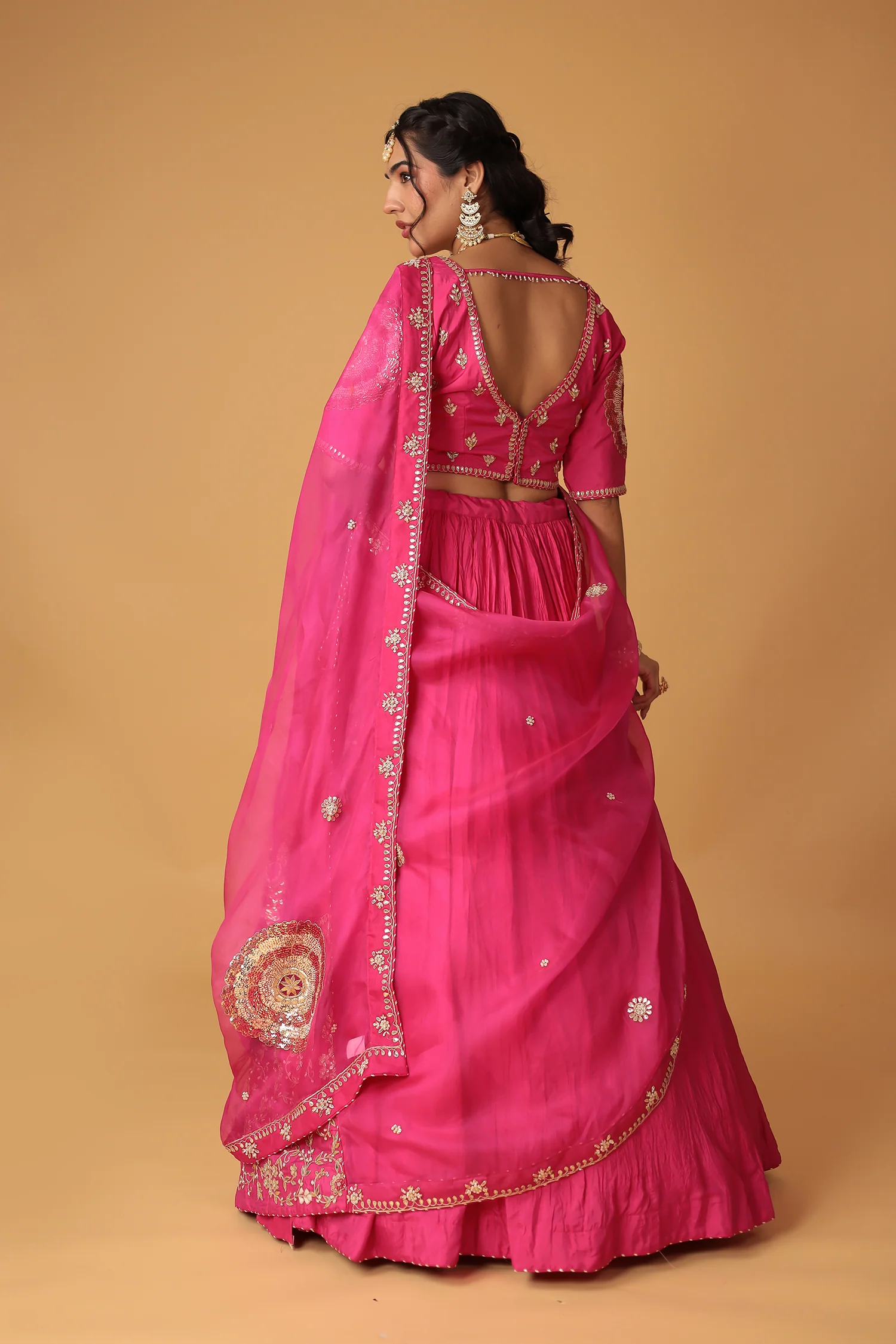 Crushed Silk Lehenga with Dori, Gota Patti, Pearl and Thread work - Image 6