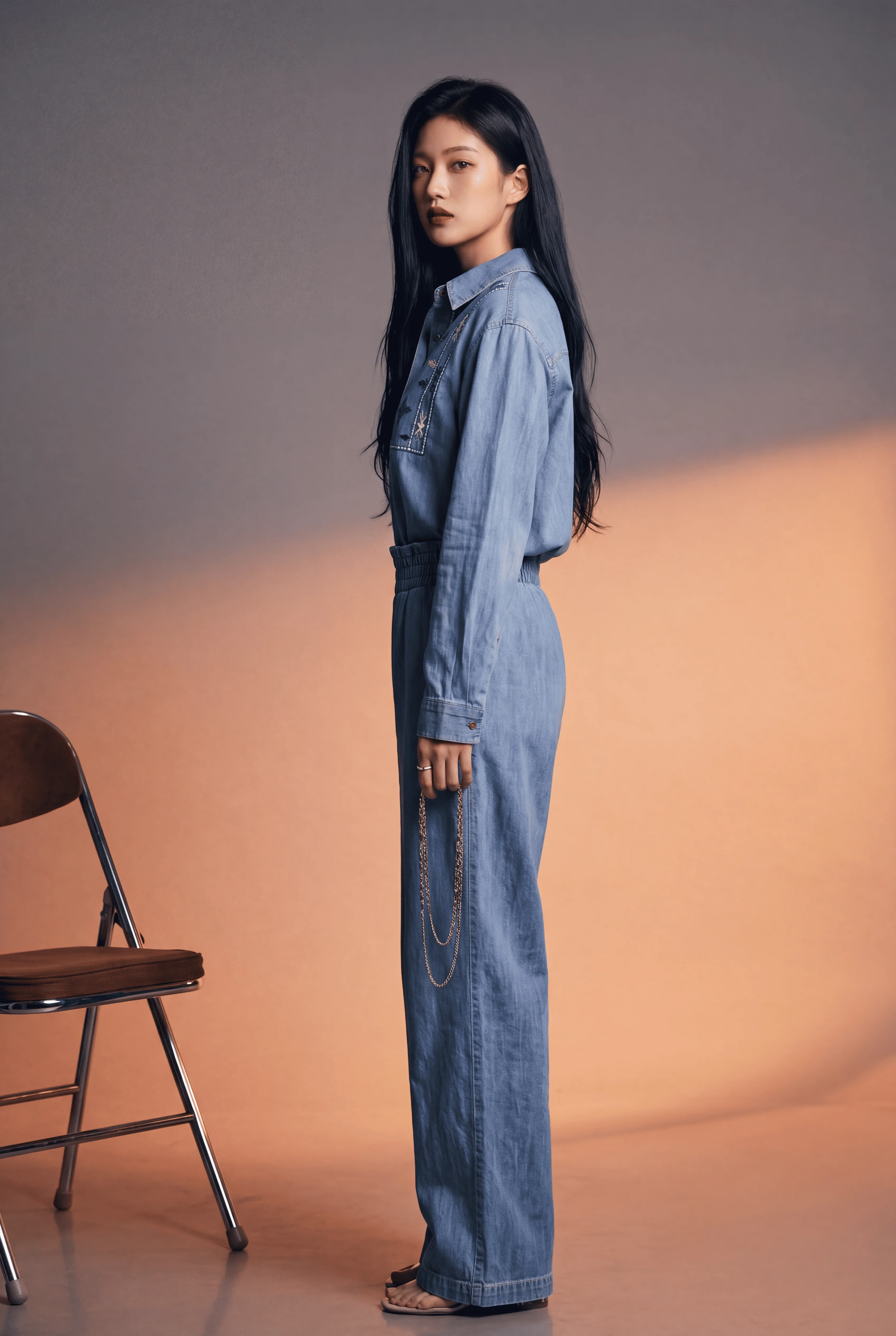 Dark Blue Denim Embroidered Co-Ord Set & Relaxed Fit Shirt with Wide-Leg Pant - Image 3