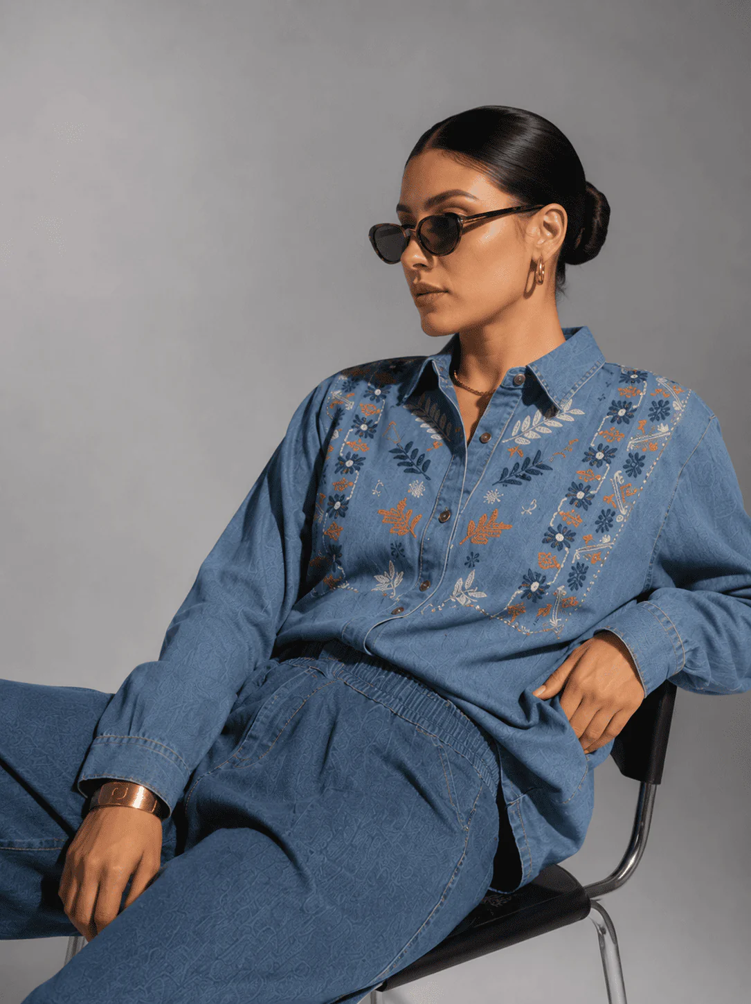 Dark Blue Embroidered Denim Co-Ord Set - Image 2