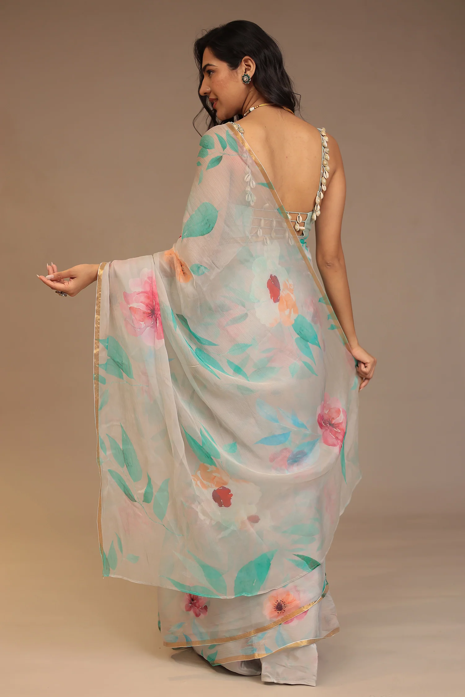 Digital Print Chiffon Saree with Zari work - Image 6