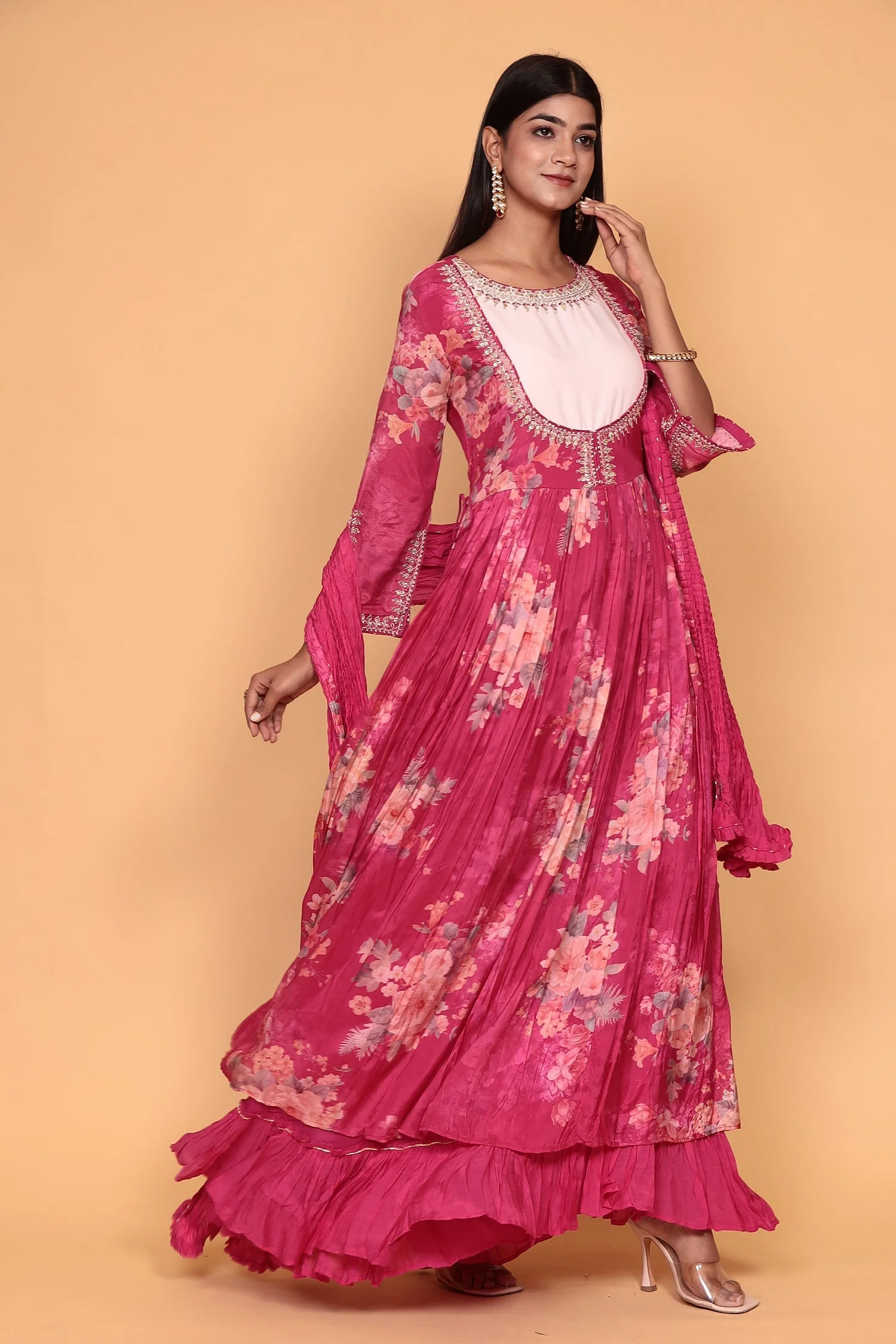 Printed Flared Anarkali Cotton silk Suit with Thread work. - Image 3