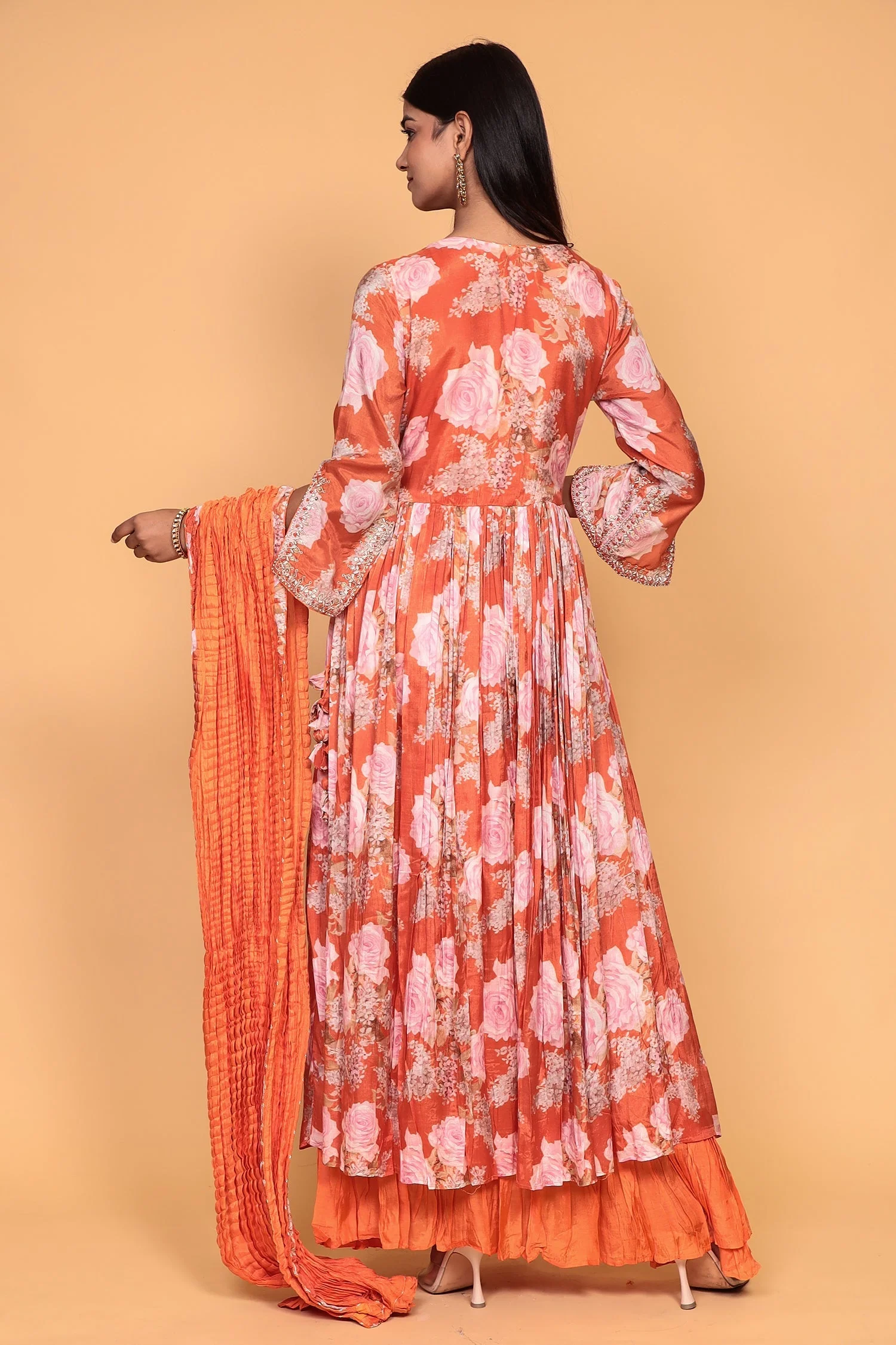 Printed Flared Anarkali Cotton silk Suit with Thread work. - Image 9