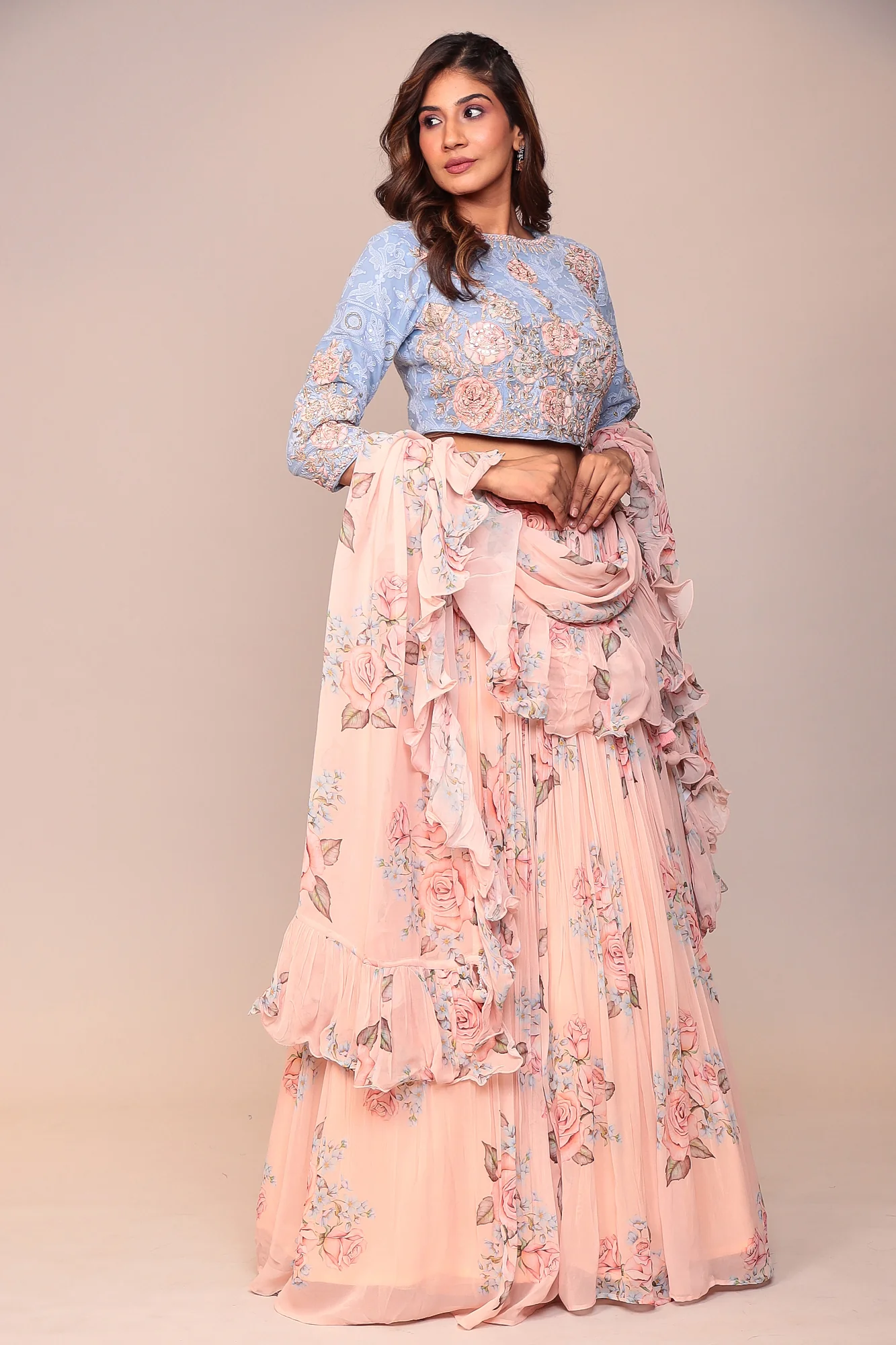 Floral Printed Lehenga with Applique Work and Ruffled duppatta. - Image 3