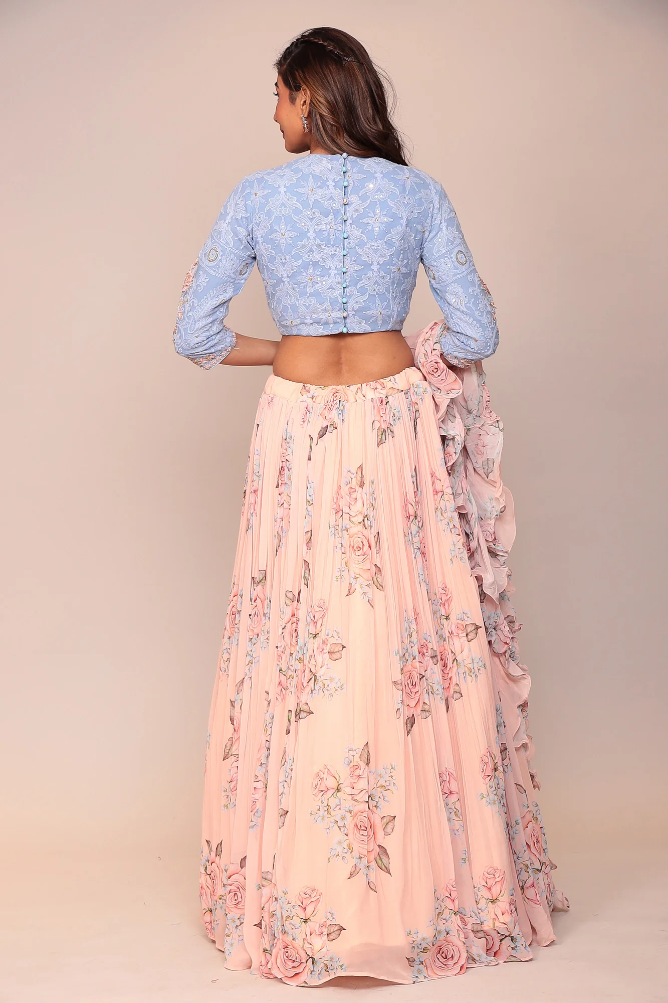 Floral Printed Lehenga with Applique Work and Ruffled duppatta. - Image 6