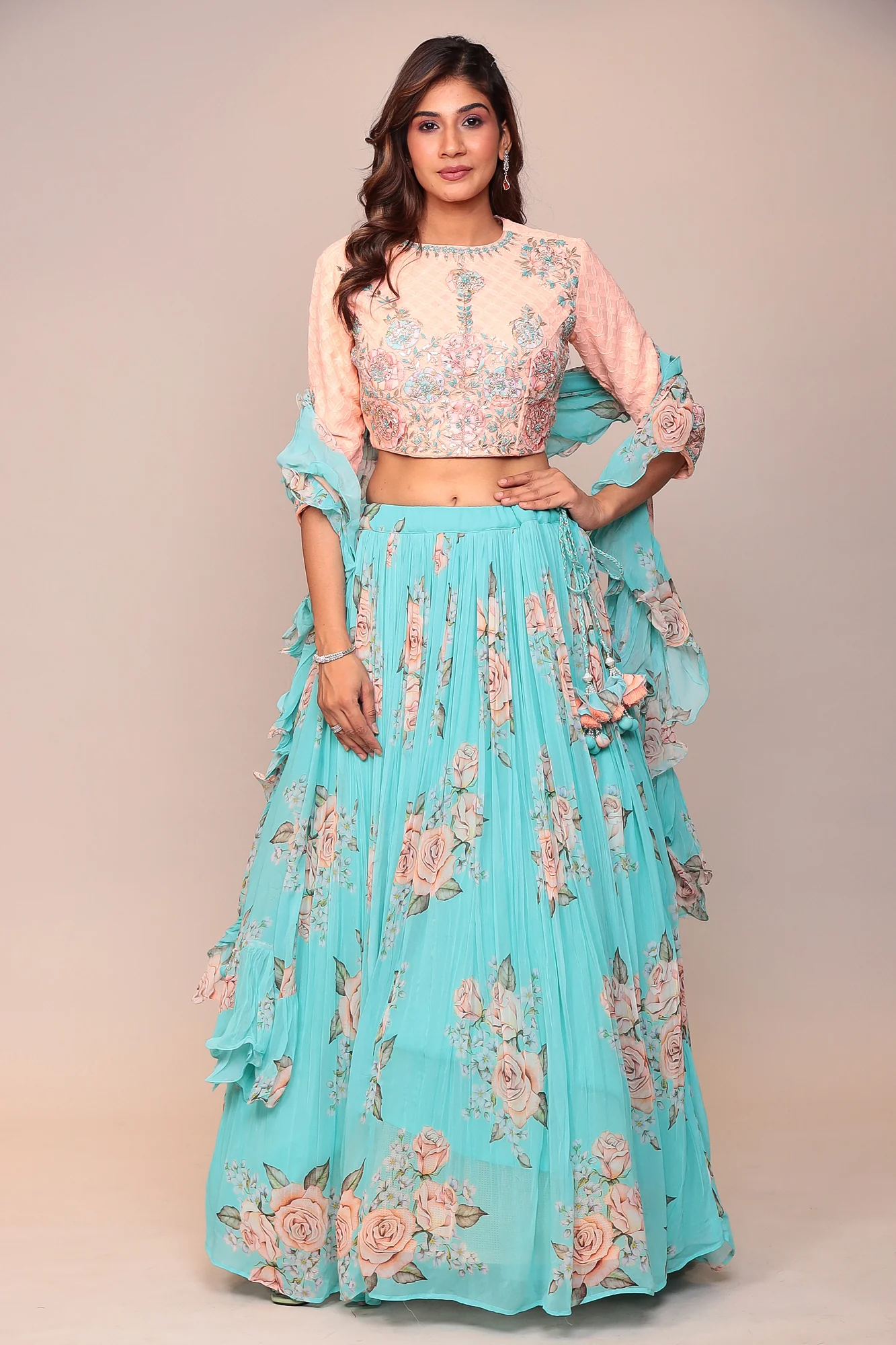 Floral Printed Lehenga with Applique Work and Ruffled duppatta. - Image 7