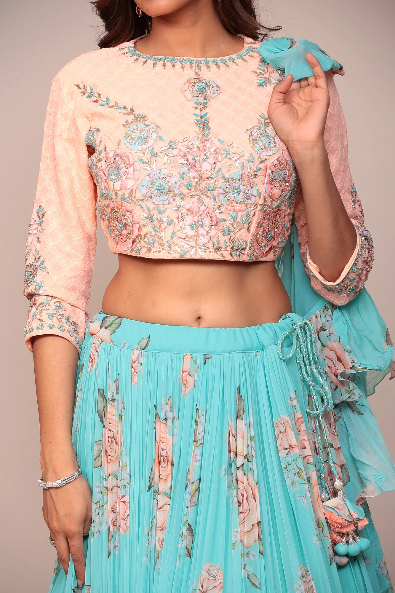 Floral Printed Lehenga with Applique Work and Ruffled duppatta. - Image 8