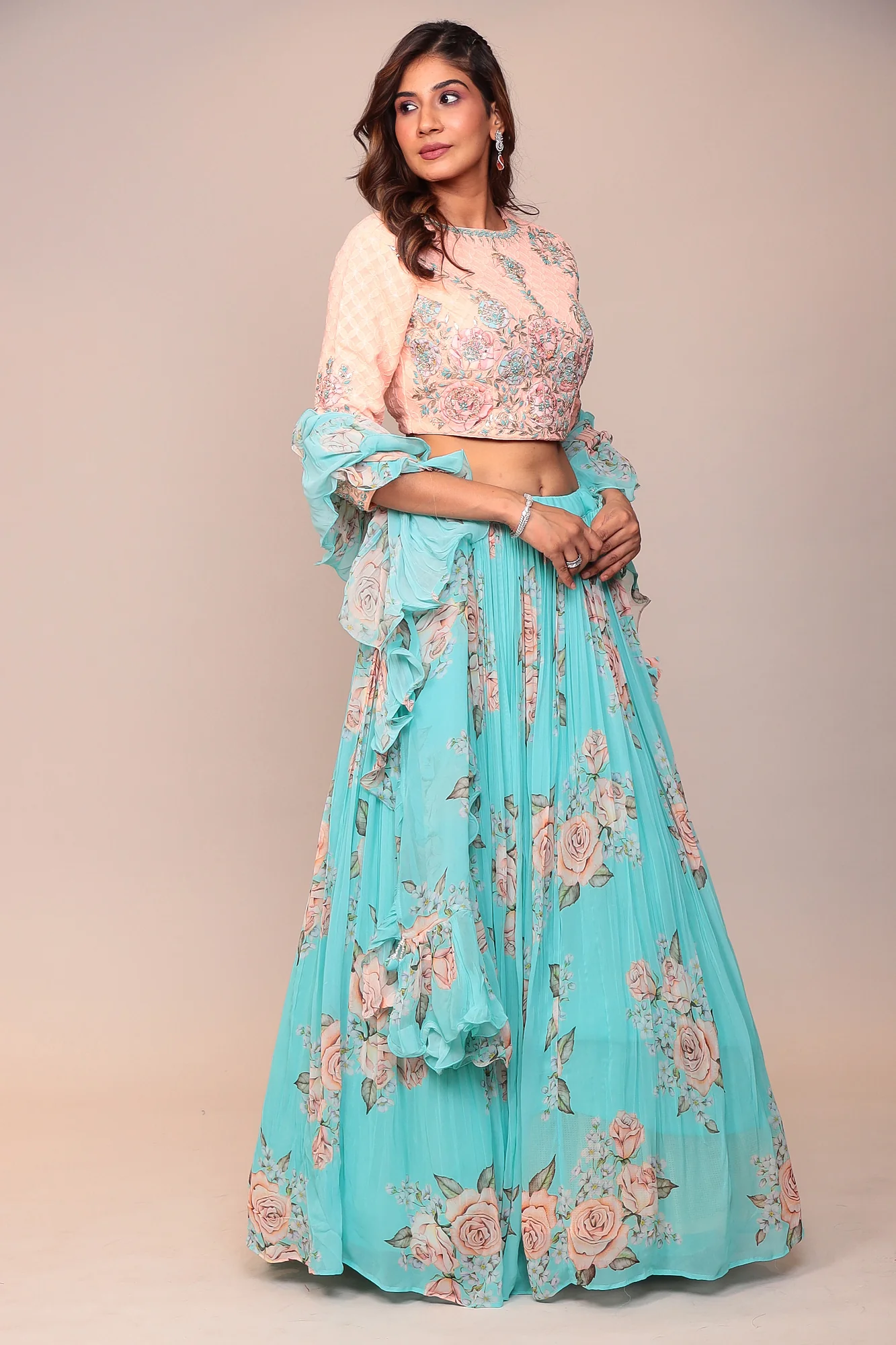 Floral Printed Lehenga with Applique Work and Ruffled duppatta. - Image 9