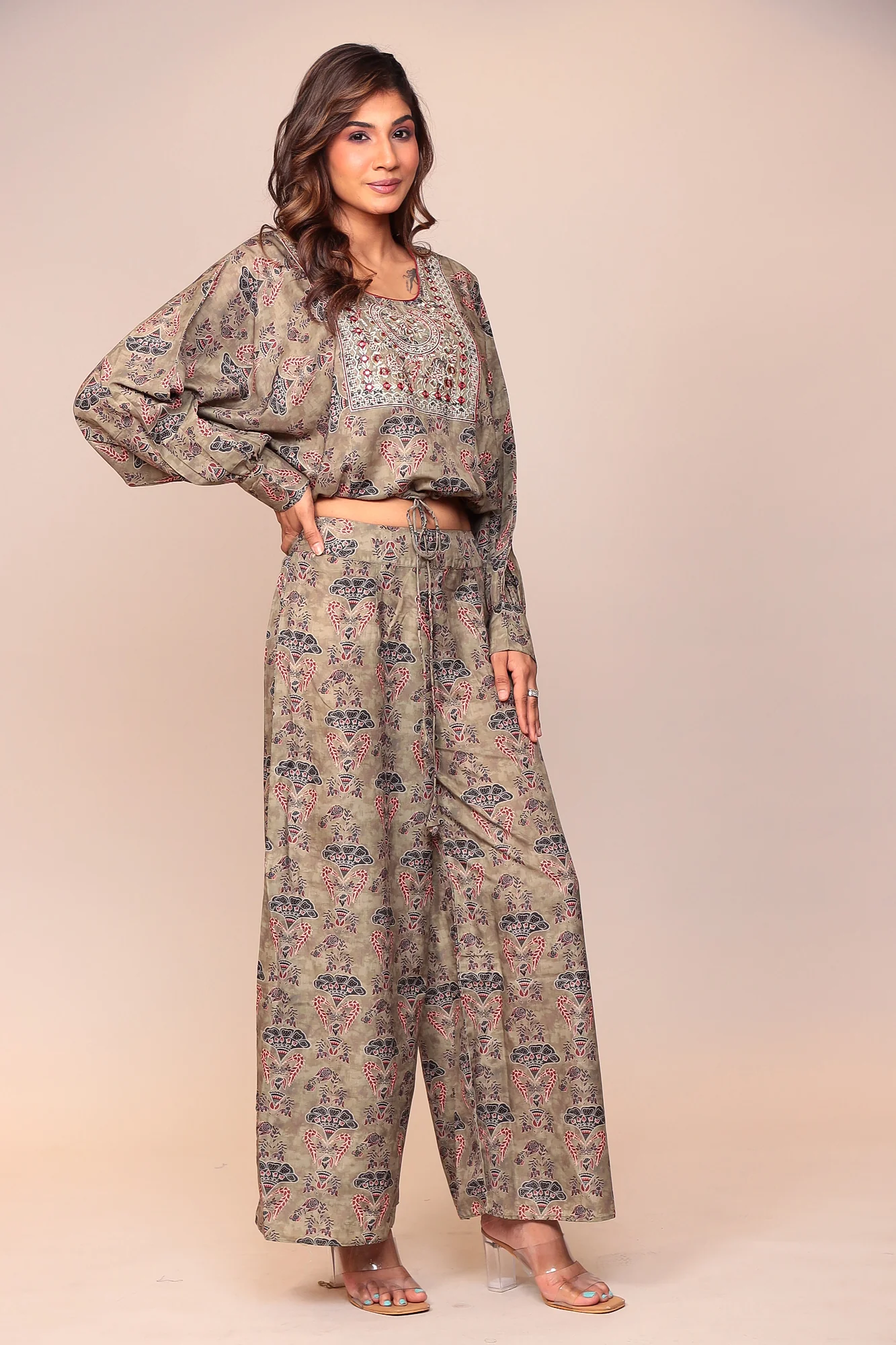 Digital Print Muslin Co Ord Set with Mirror and Thread Work. - Image 3