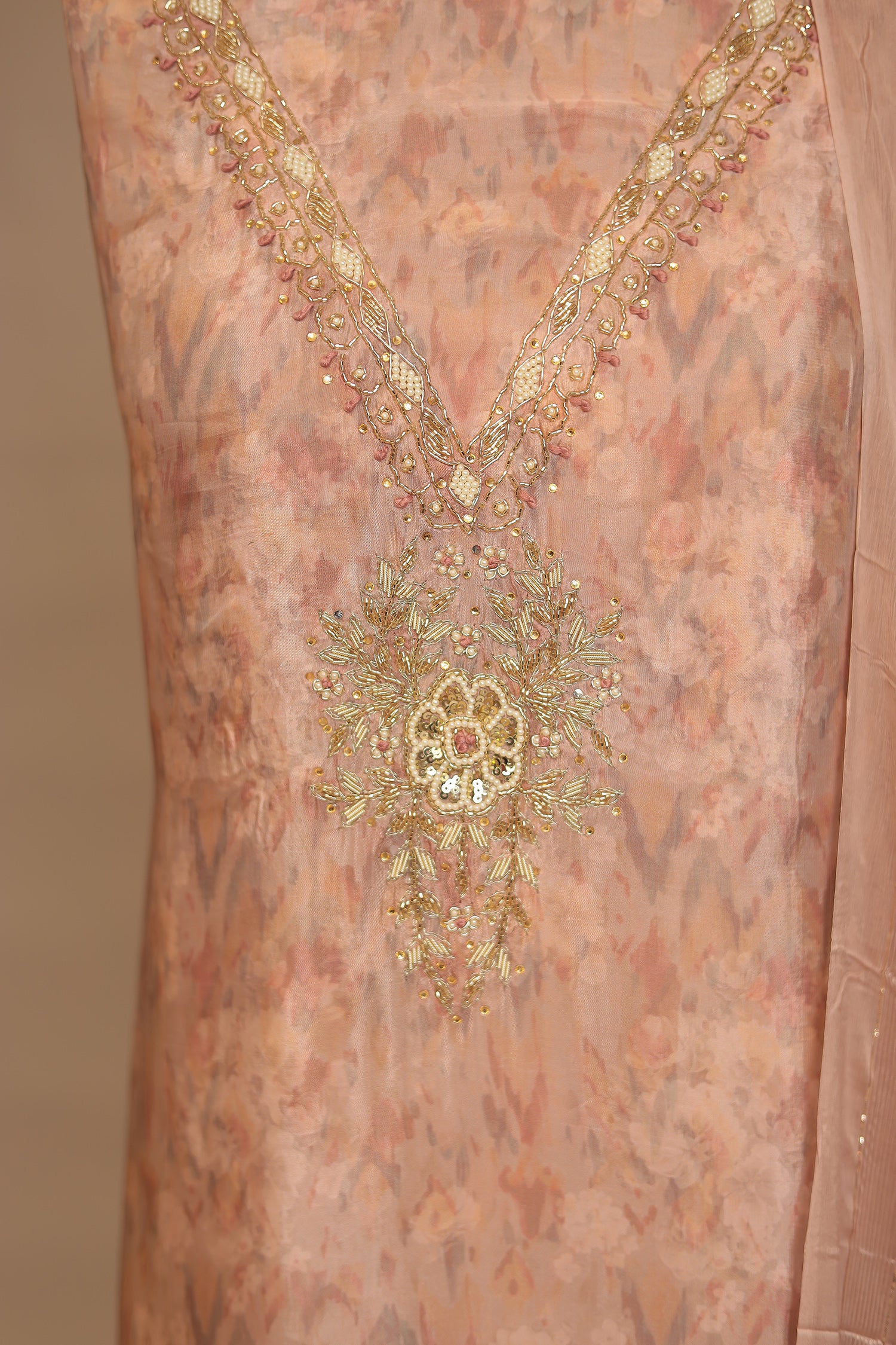 Digital Print, Organza Unstitched Suit with Cutdana, Pearl, Sequins, Thread, Zardozi, Zari work. - Image 2