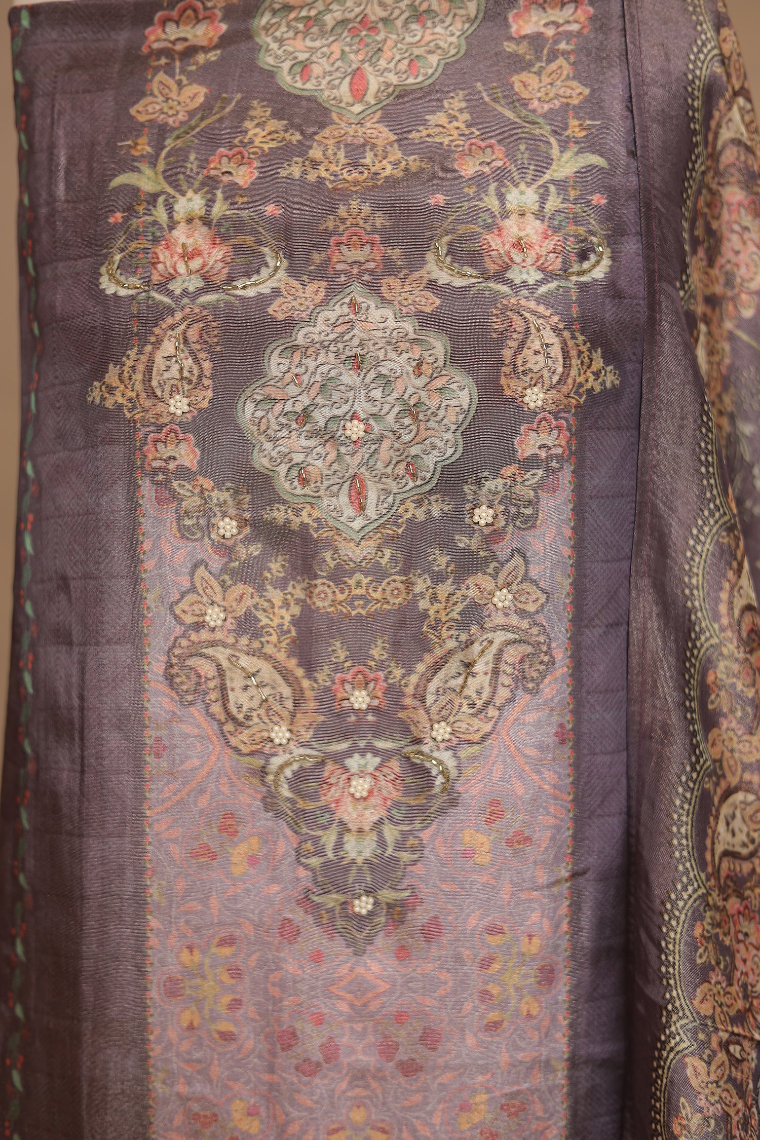 Digital Print Organza Unstitched Suit with Cutdana, Pearl work - Image 4