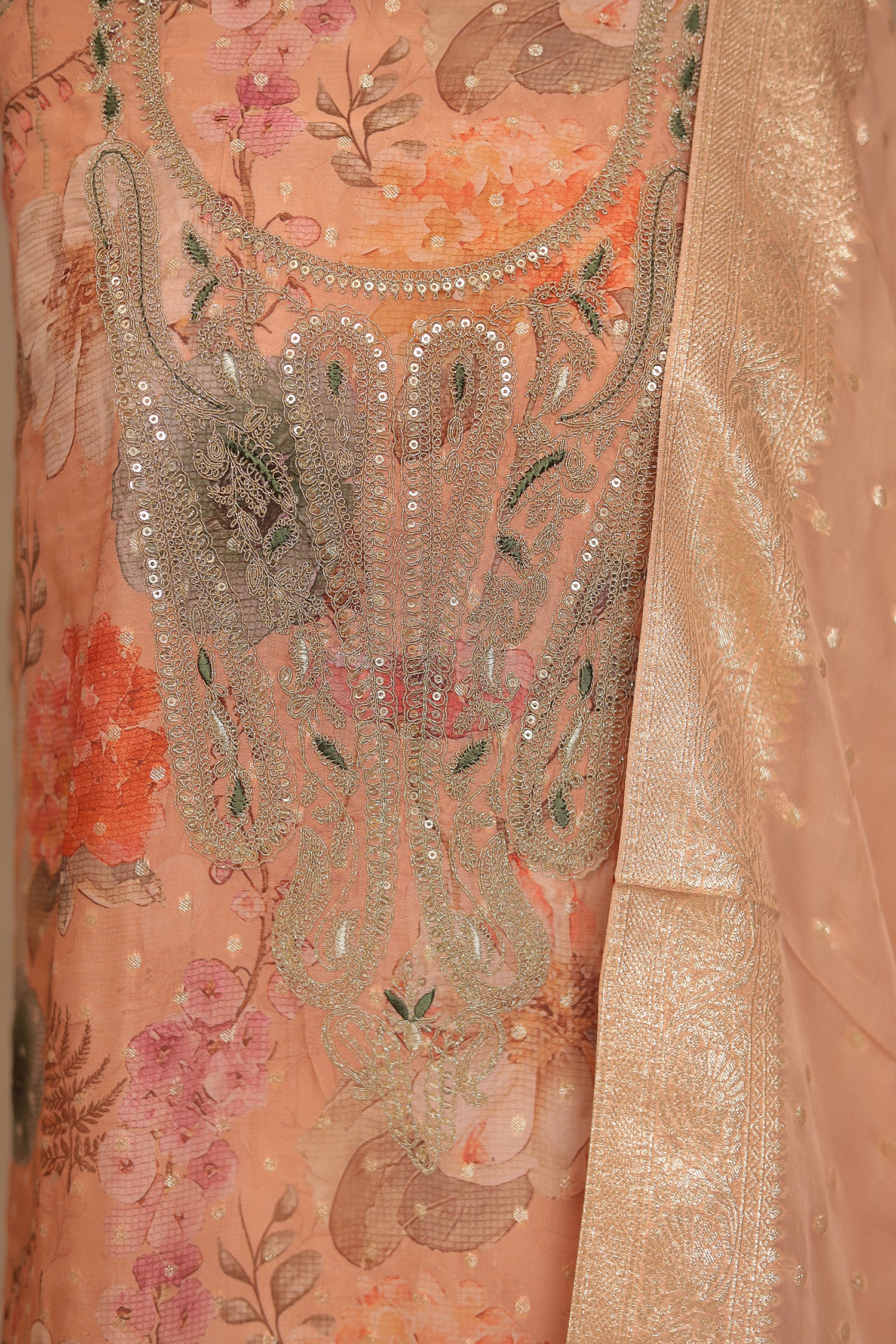 Digital Print, Organza Unstitched Suit with Cutdana, Sequins work - Image 2