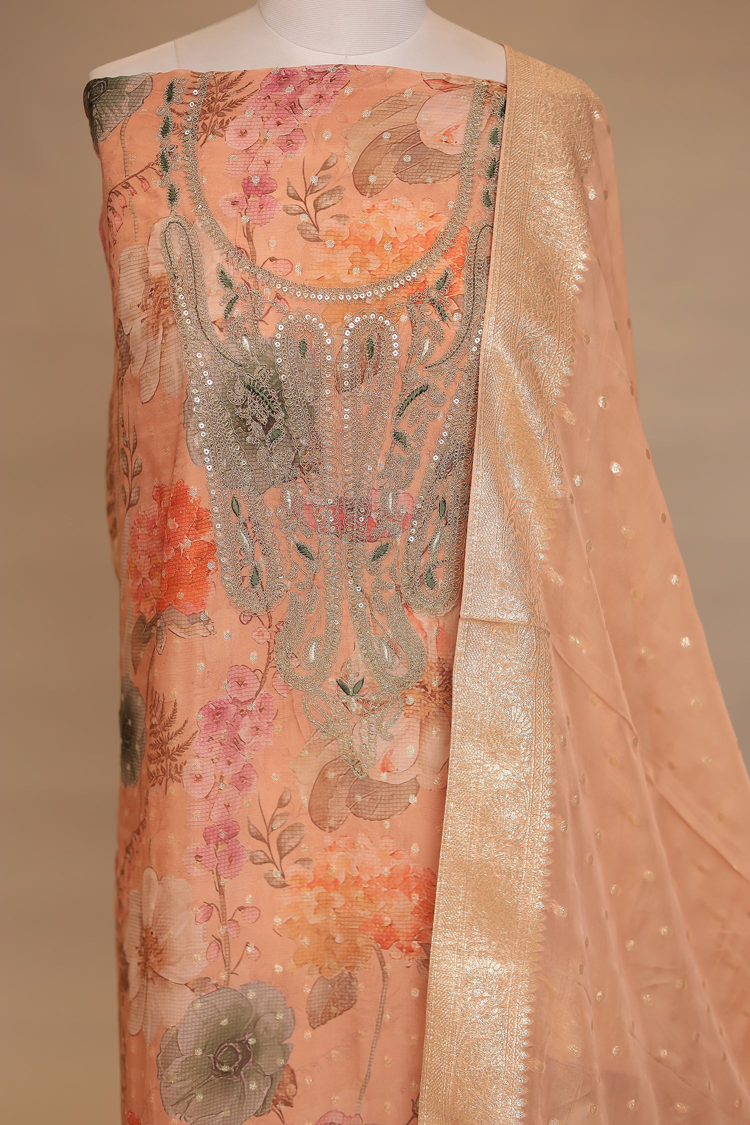Digital Print, Organza Unstitched Suit with Cutdana, Sequins work - Image 3