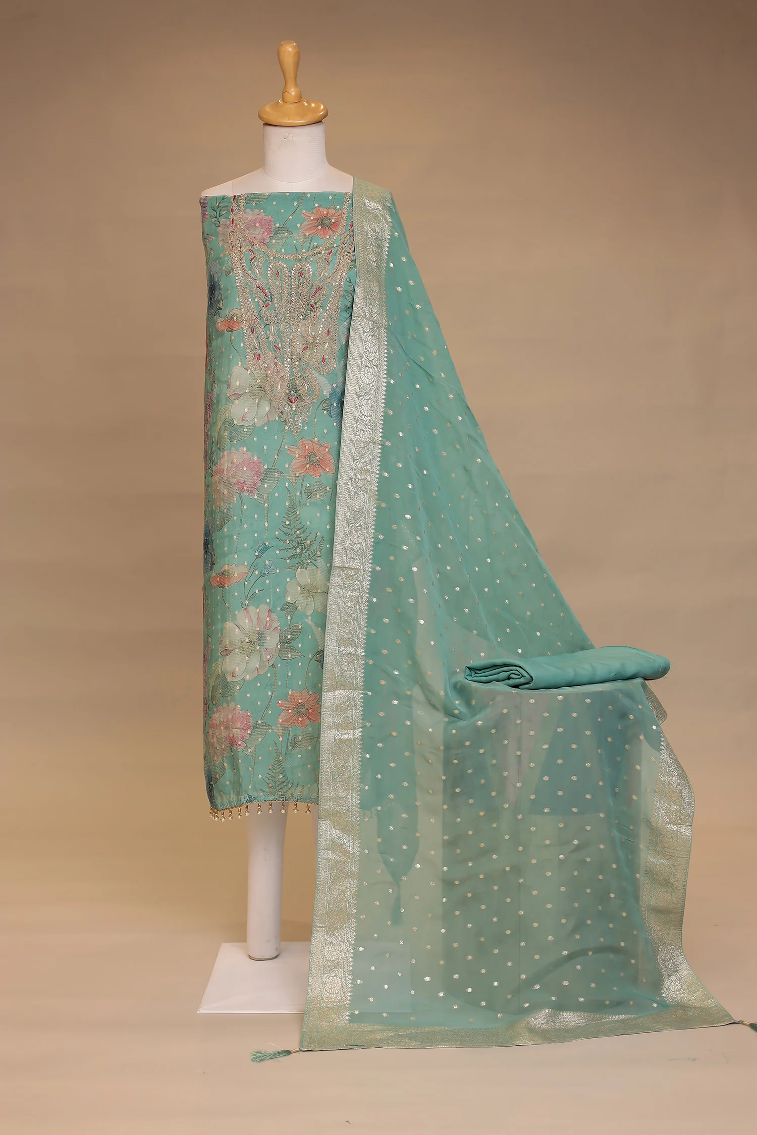 Digital Print, Organza Unstitched Suit with Cutdana, Sequins work - Image 6