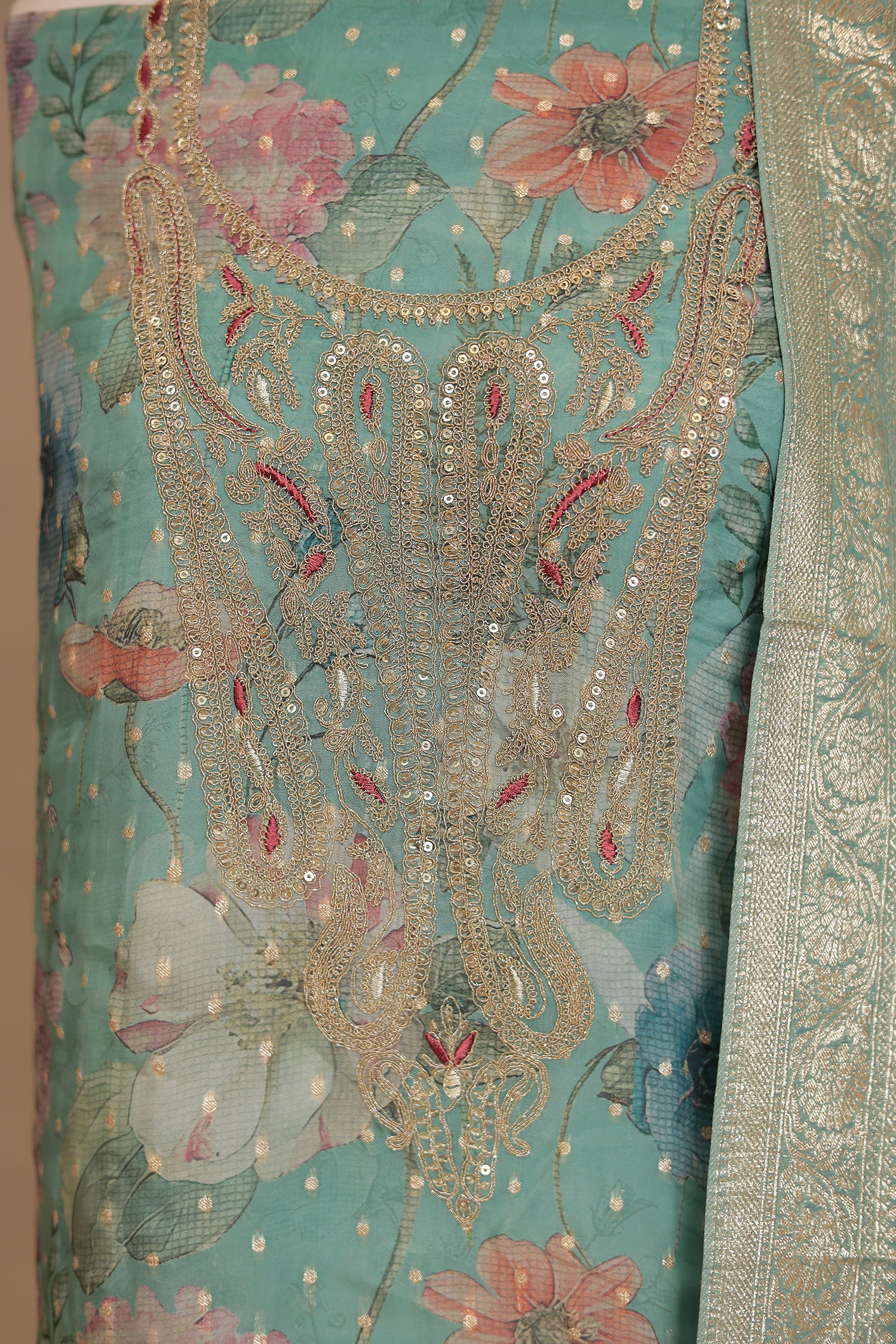 Digital Print, Organza Unstitched Suit with Cutdana, Sequins work - Image 7