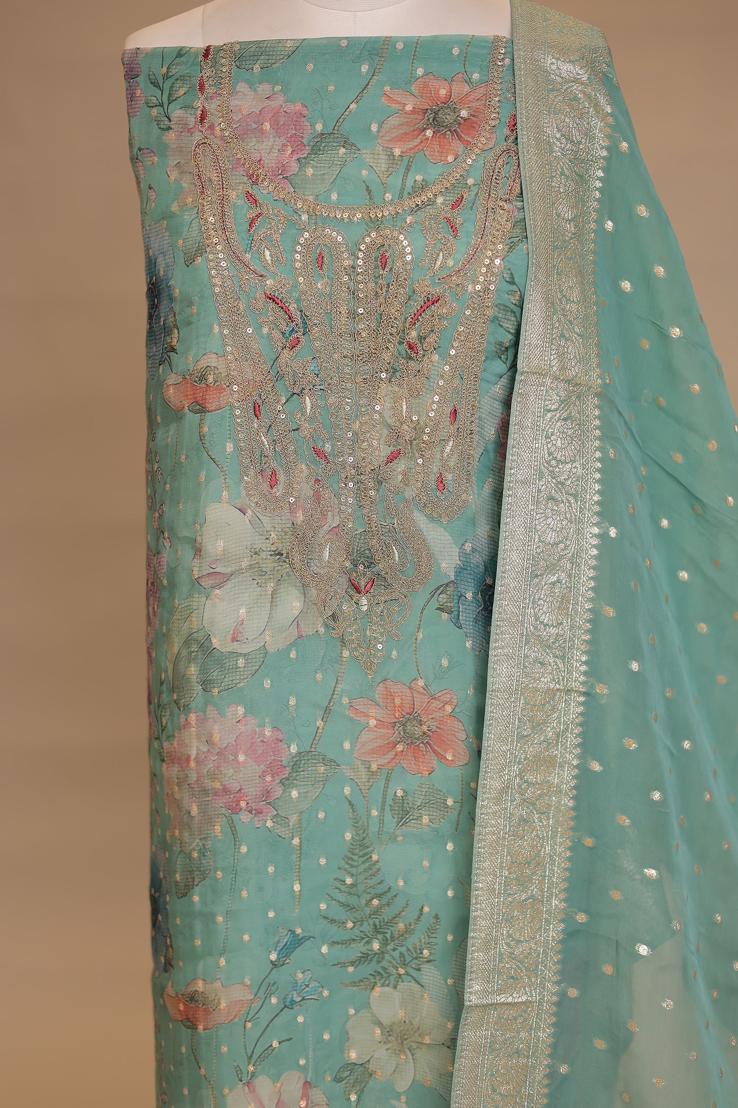 Digital Print, Organza Unstitched Suit with Cutdana, Sequins work - Image 9