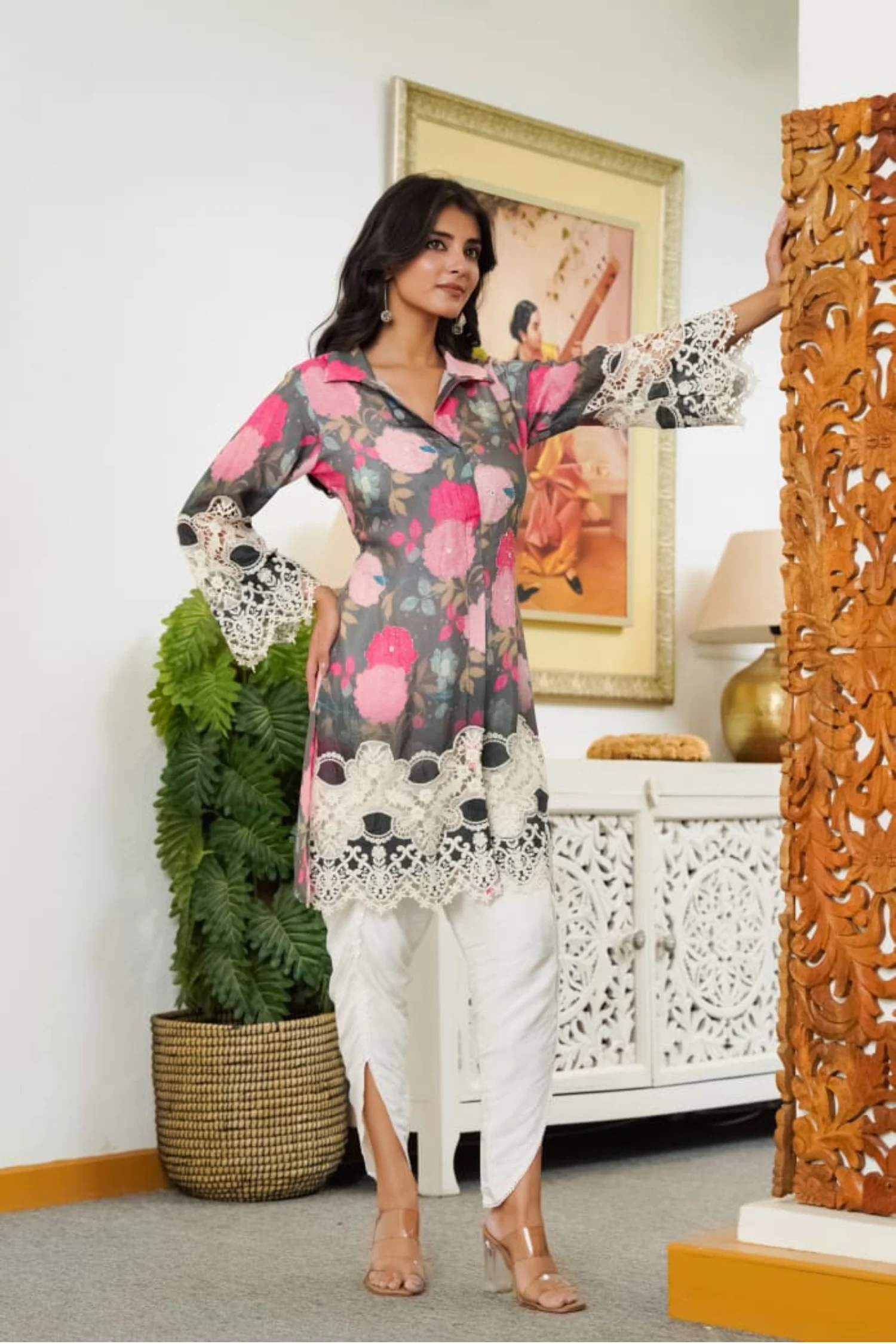 Embroidered Digital Print Silk Blend Kurta Set Stitched with Dhoti Pant - Image 3