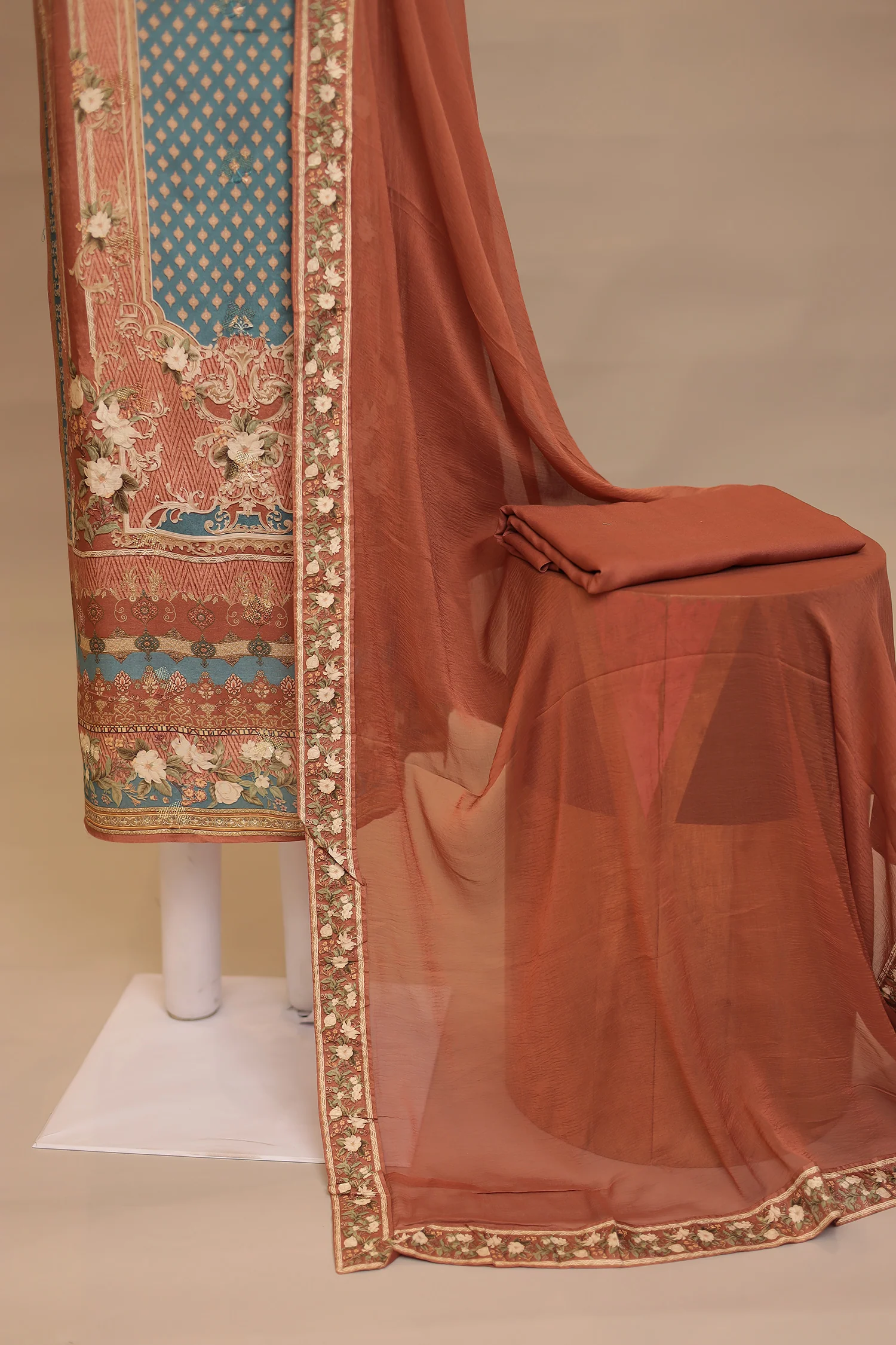 Digital Print, Silk blend Unstitched Suit with Sequins, Stone work - Image 4