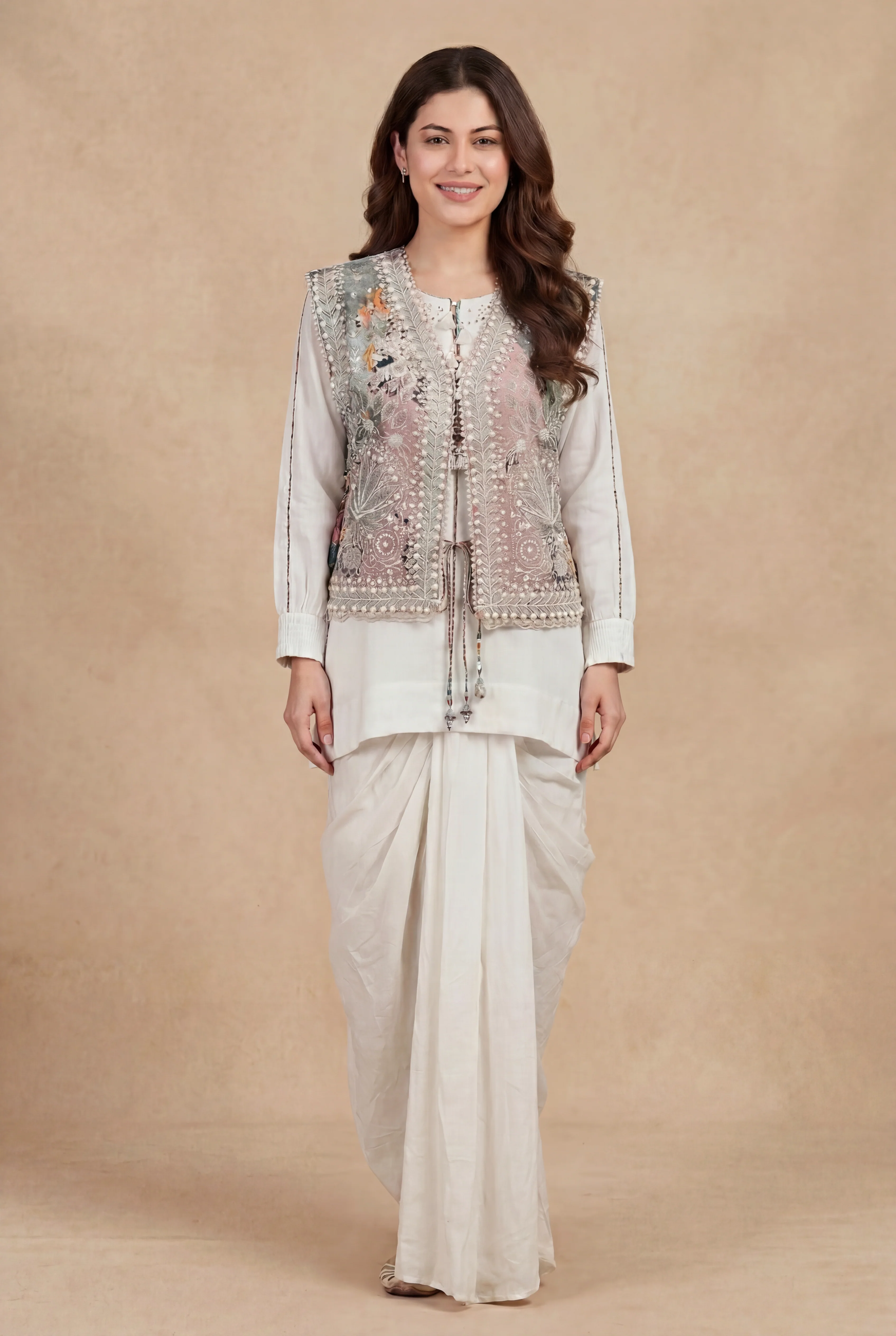Digital Print Silk Indowestern with Thread, Beads work. - Image 3