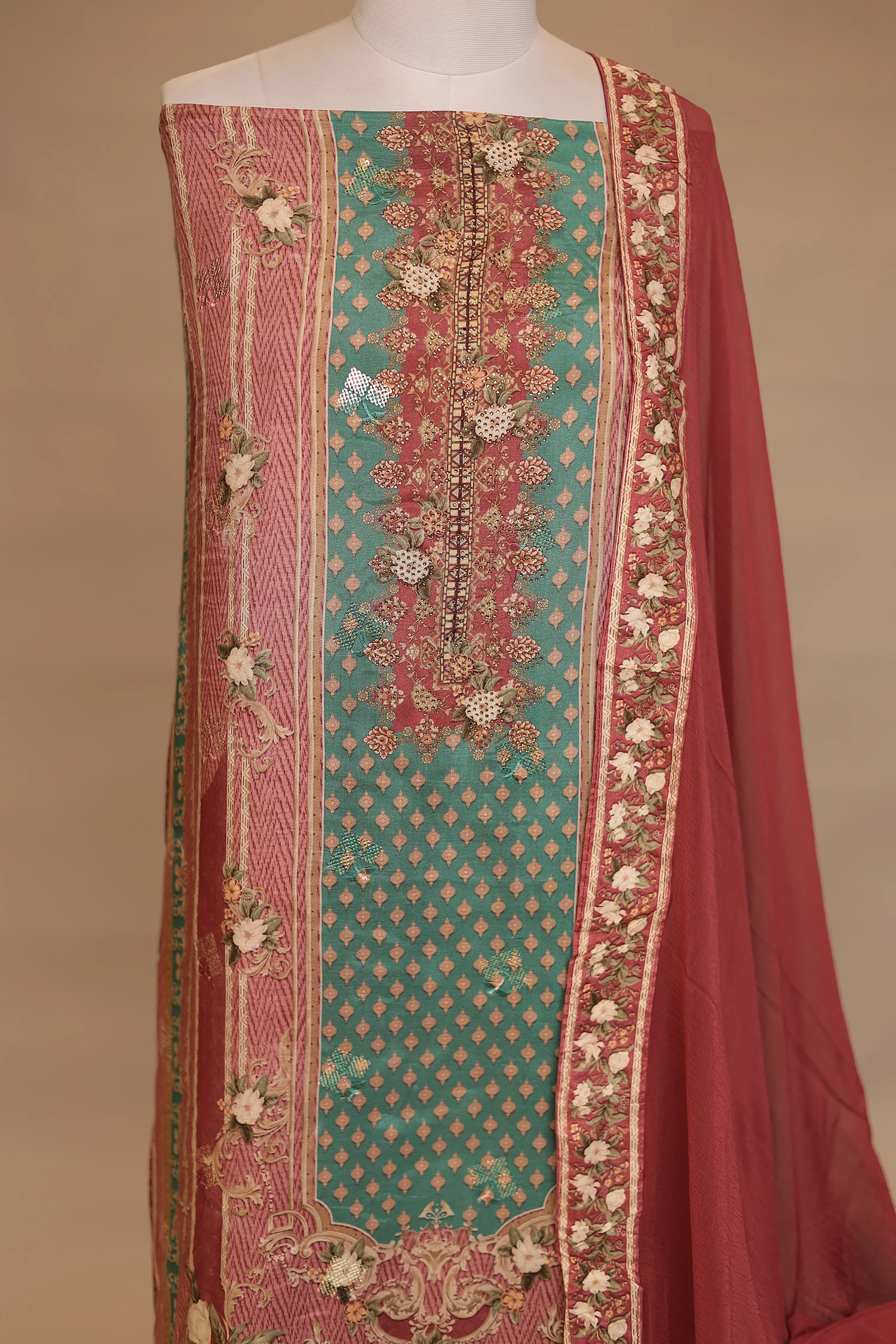 Digital Print, Silk Unstitched Suit with Sequins, Swarovski work - Image 2