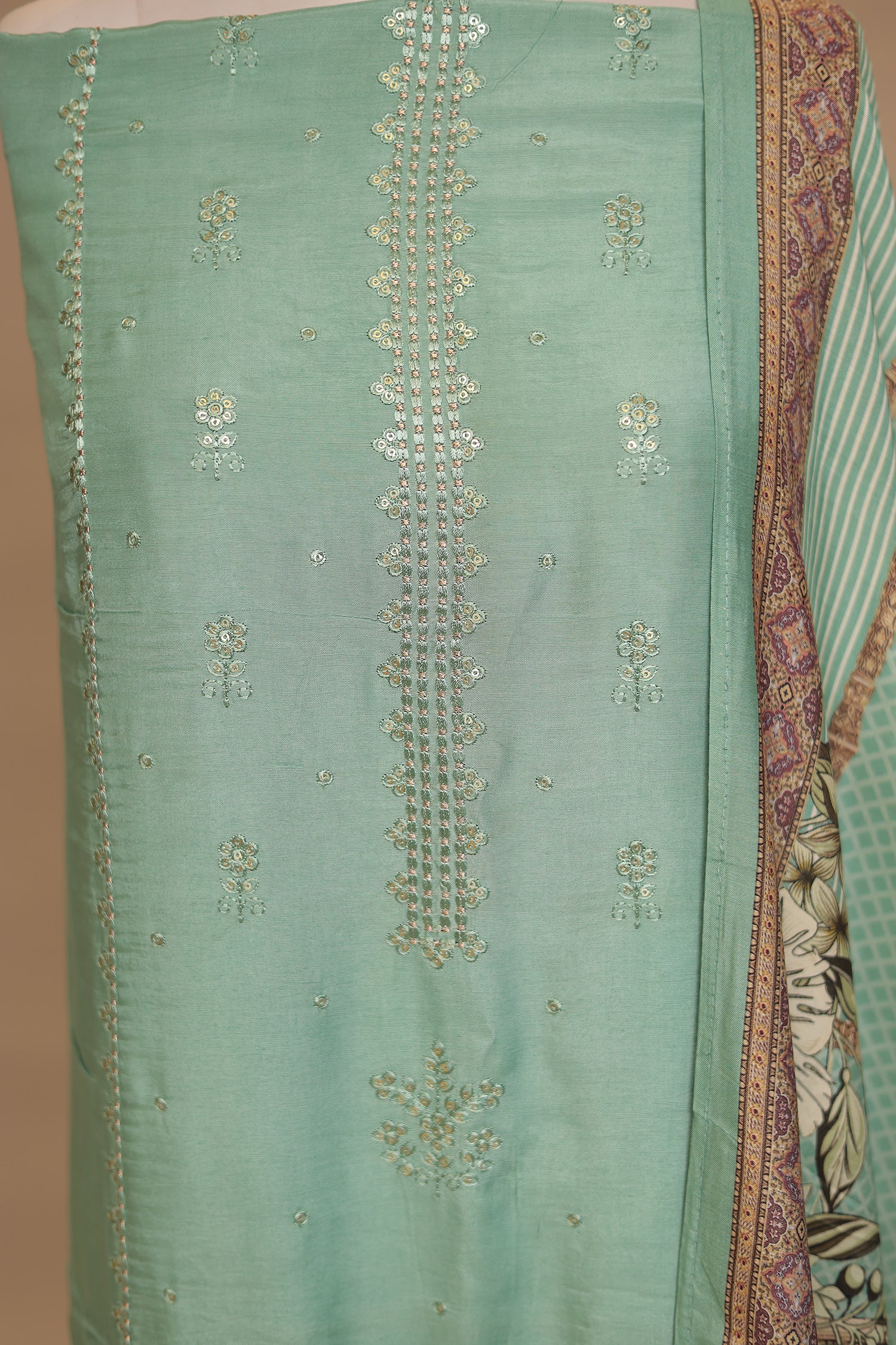 Digital Print, Silk Unstitched Suit with Sequins, Thread, Cut work work - Image 4