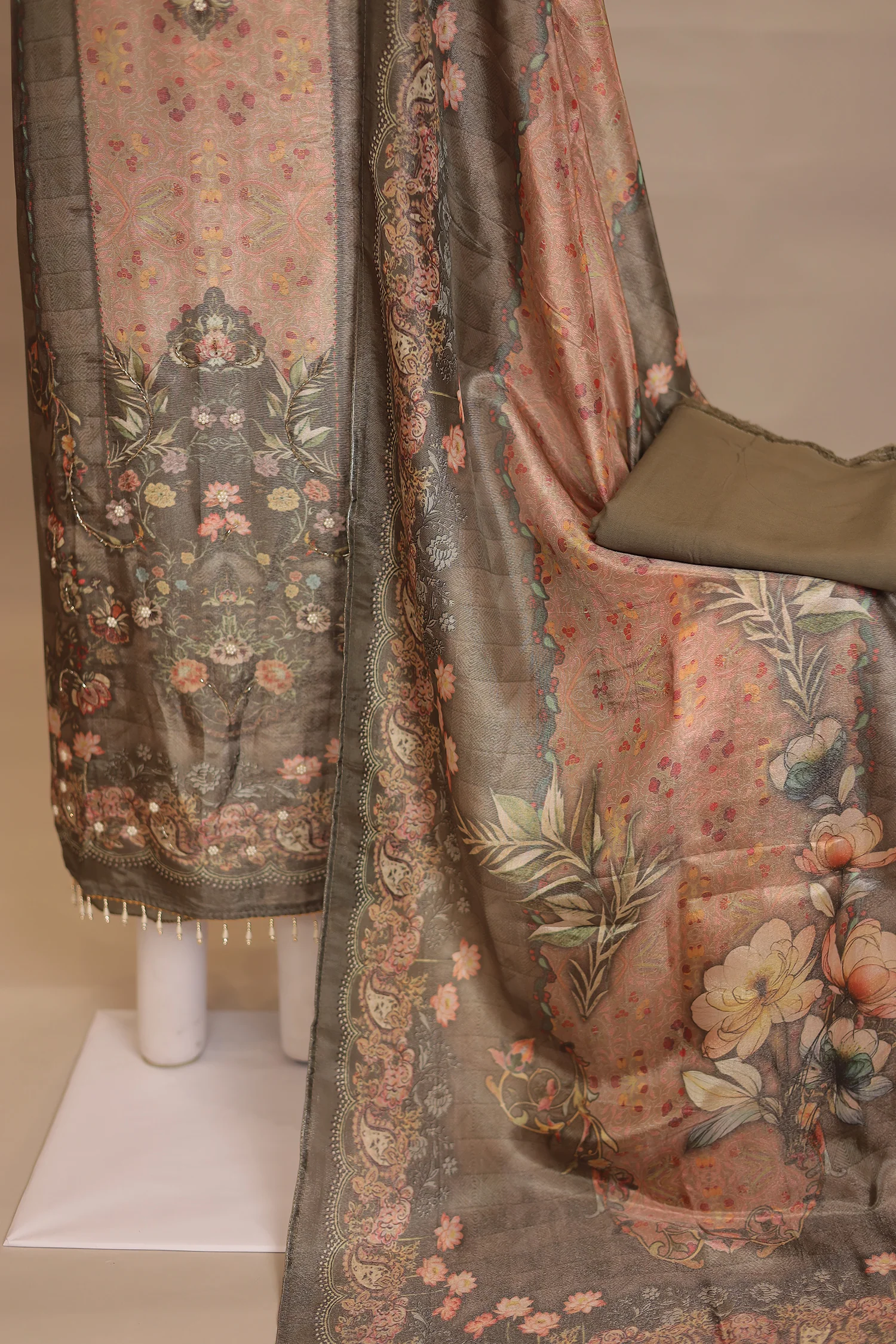 Digital Print Tissue Unstitched Suit with Cutdana, Pearl work - Image 3
