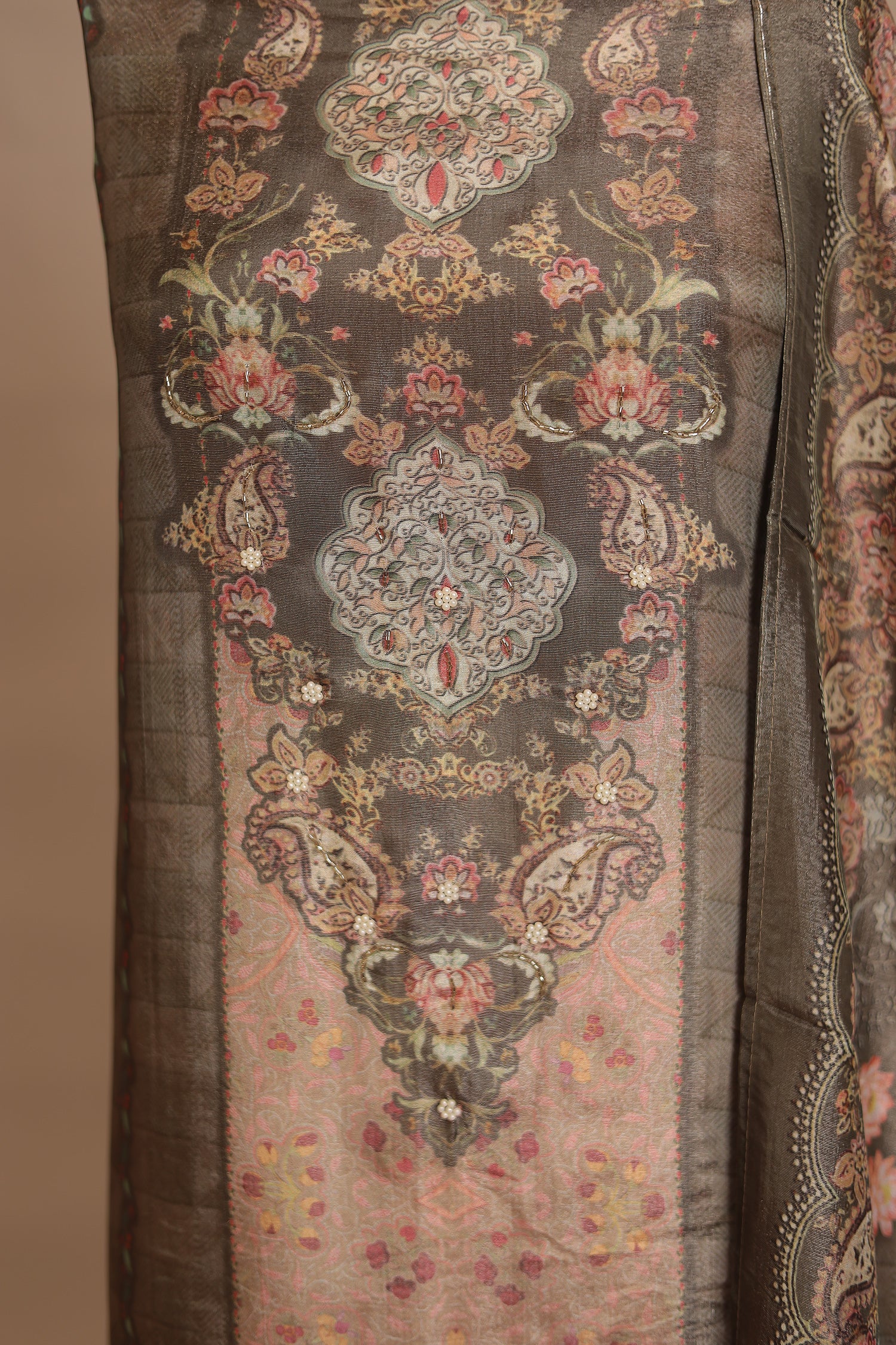 Digital Print Tissue Unstitched Suit with Cutdana, Pearl work - Image 4