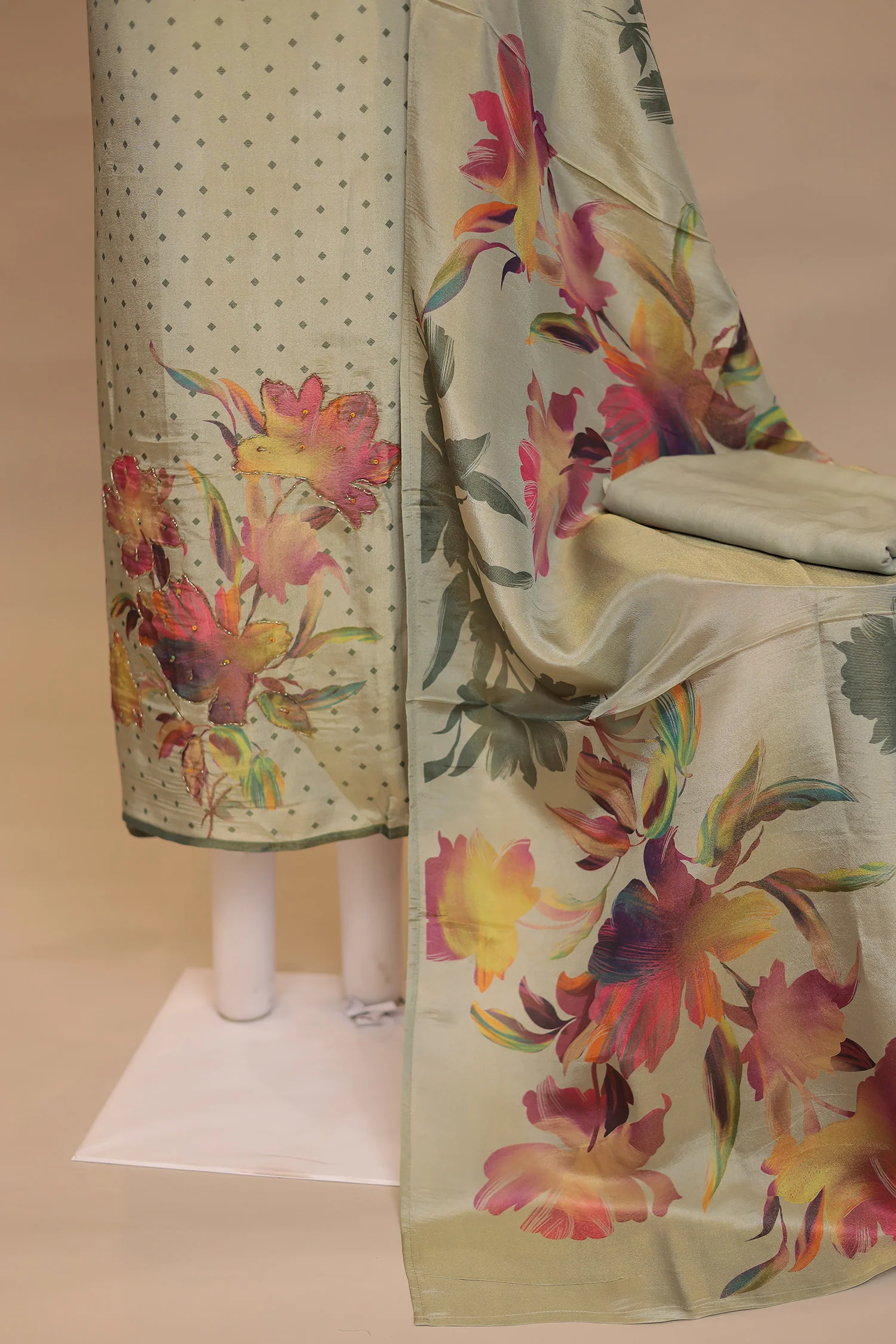 Digital Print, Tissue Unstitched Suit with Cutdana, Sequins work - Image 2