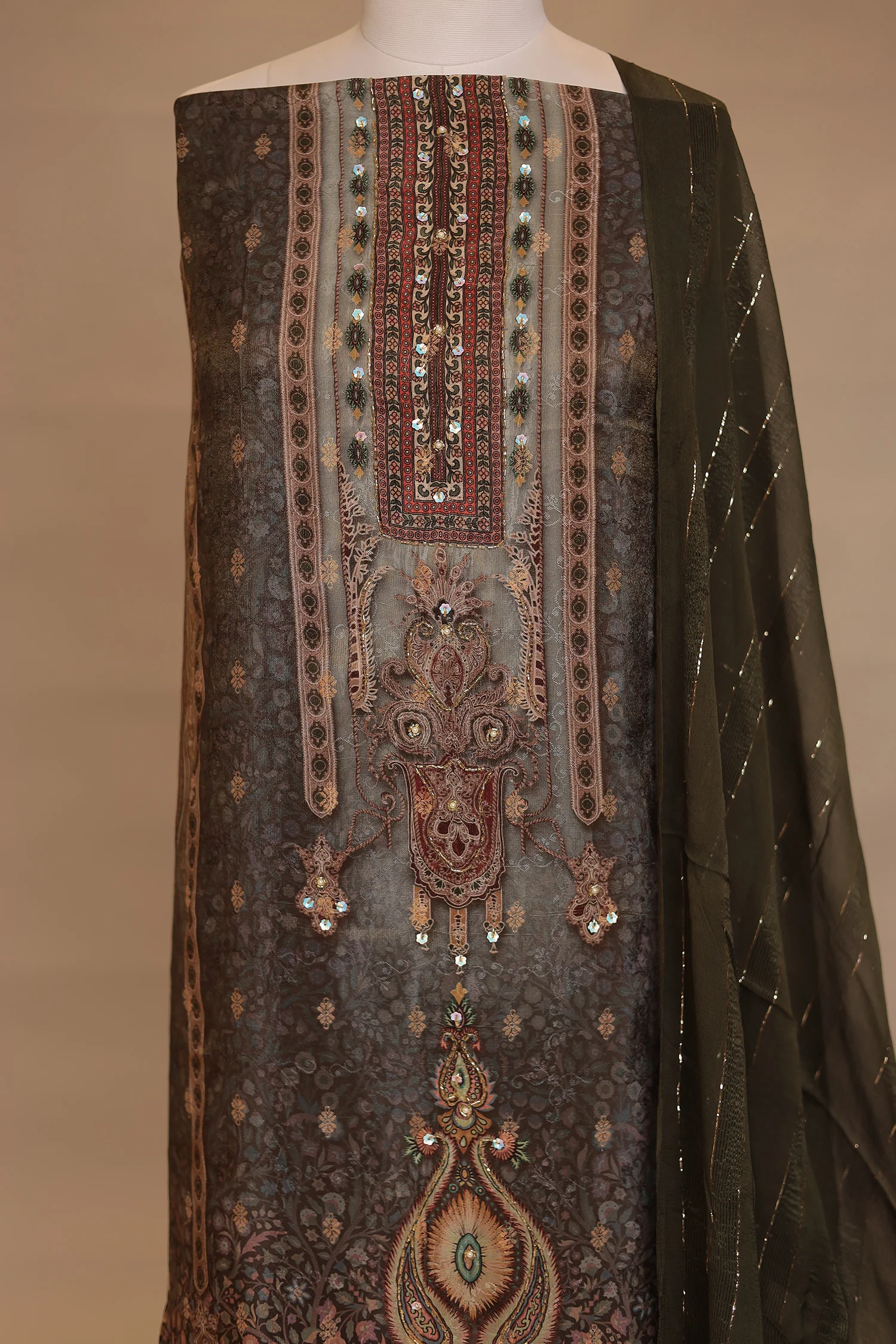 Digital Print Tissue Unstitched Suit with Cutdana work - Image 2