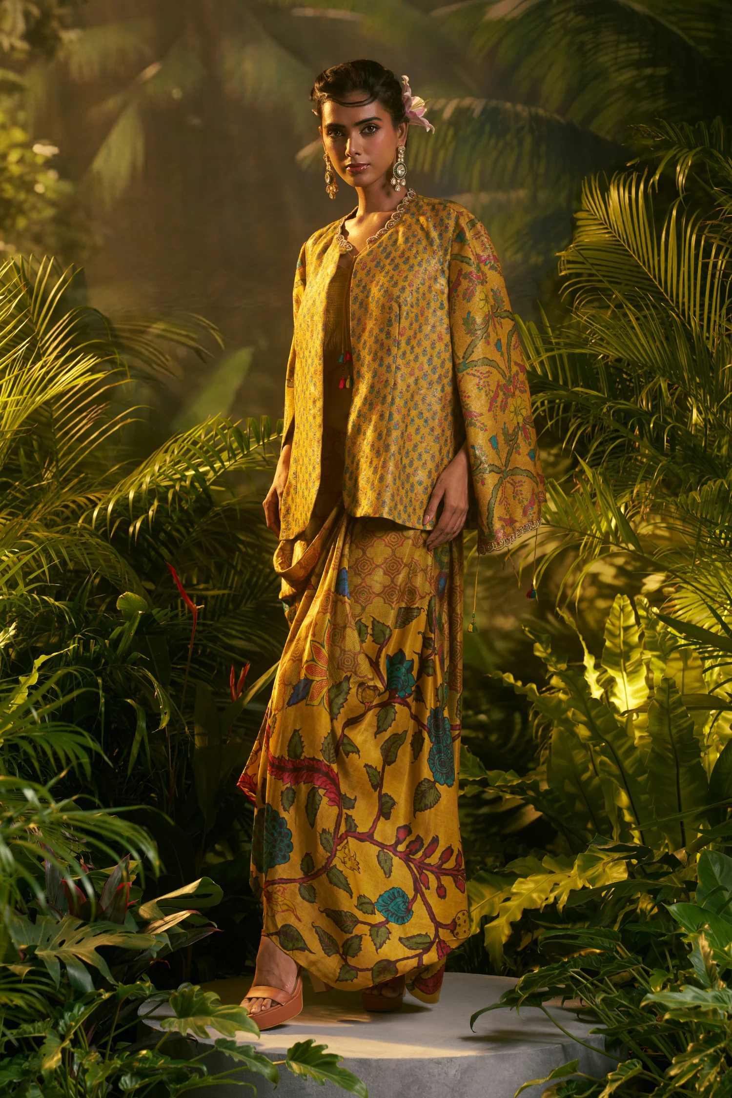 Digital Printed Crepe silk Indowestern with Aari, Sequins, Thread, Zari work.