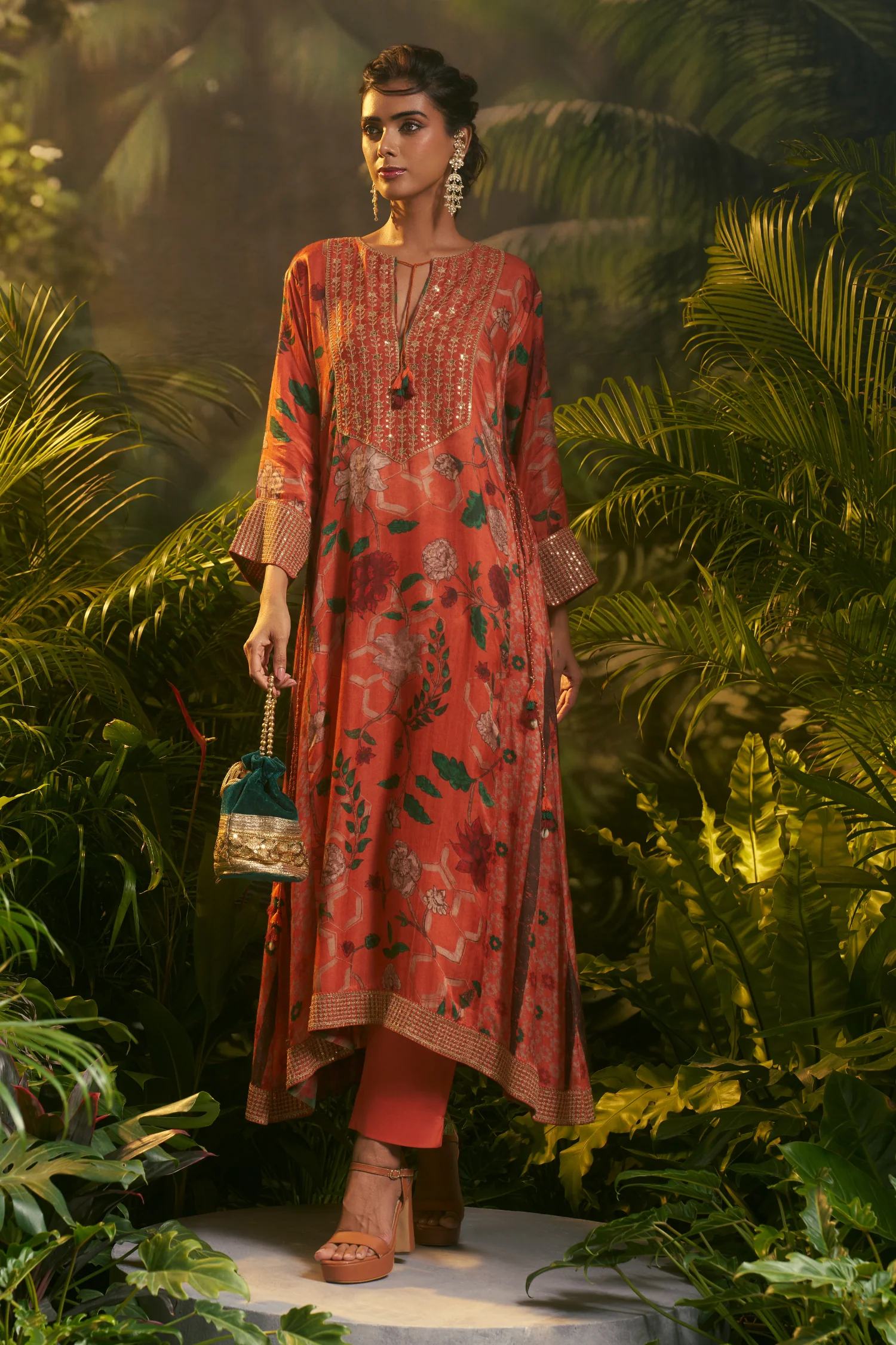 Digital Printed Floral Crepe Silk Zari Suit Set with Aari and Thread work