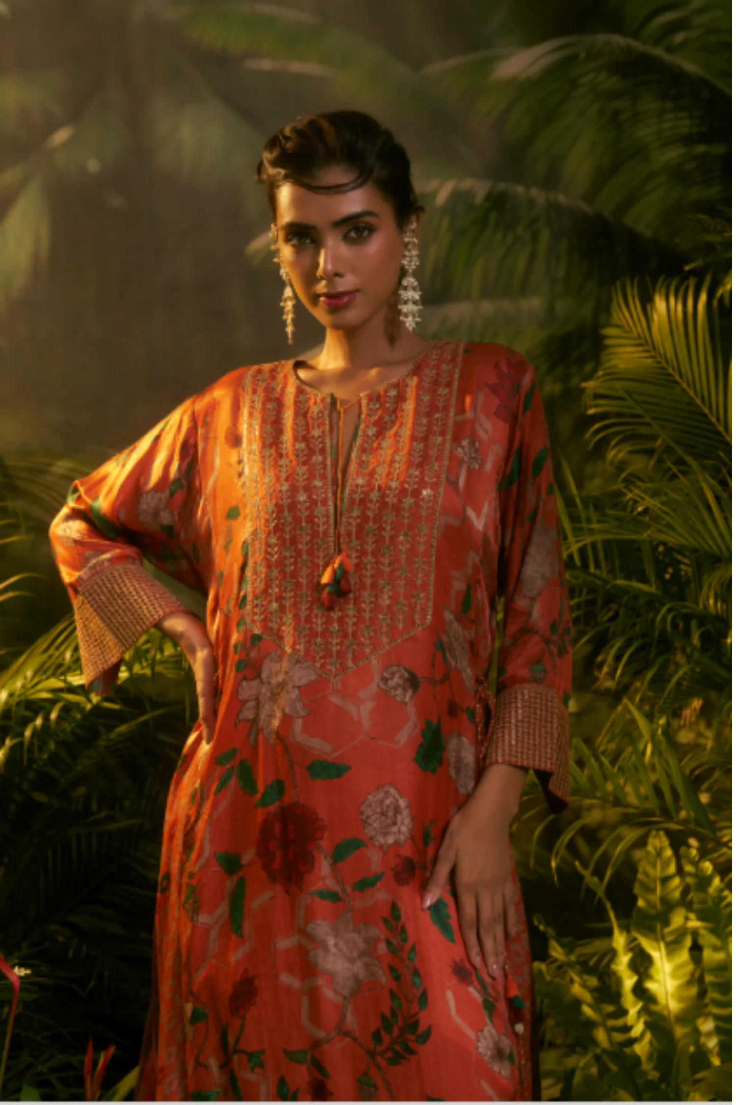 Digital Printed Floral Crepe Silk Zari Suit Set with Aari and Thread work - Image 2