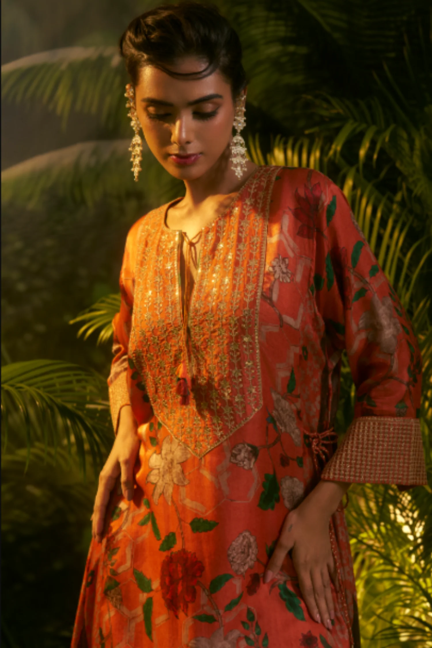 Digital Printed Floral Crepe Silk Zari Suit Set with Aari and Thread work - Image 4